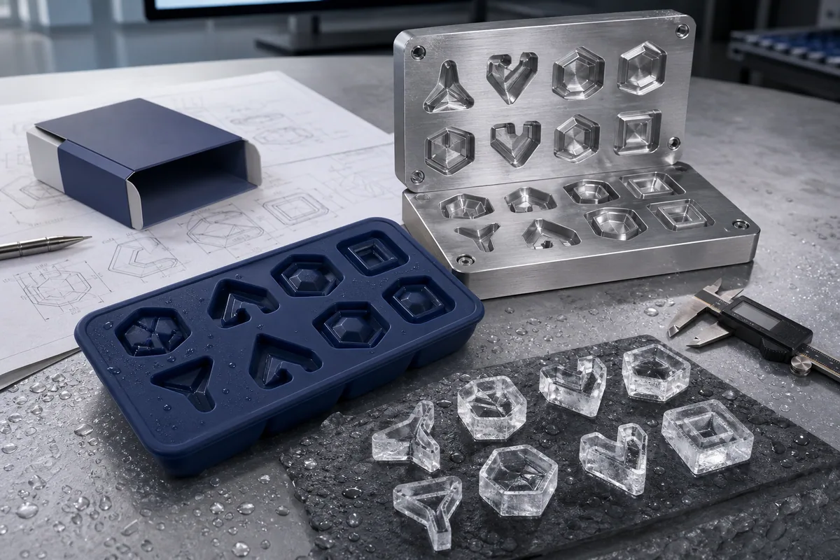 Custom silicone ice mold tray with shaped ice pieces and precision tooling