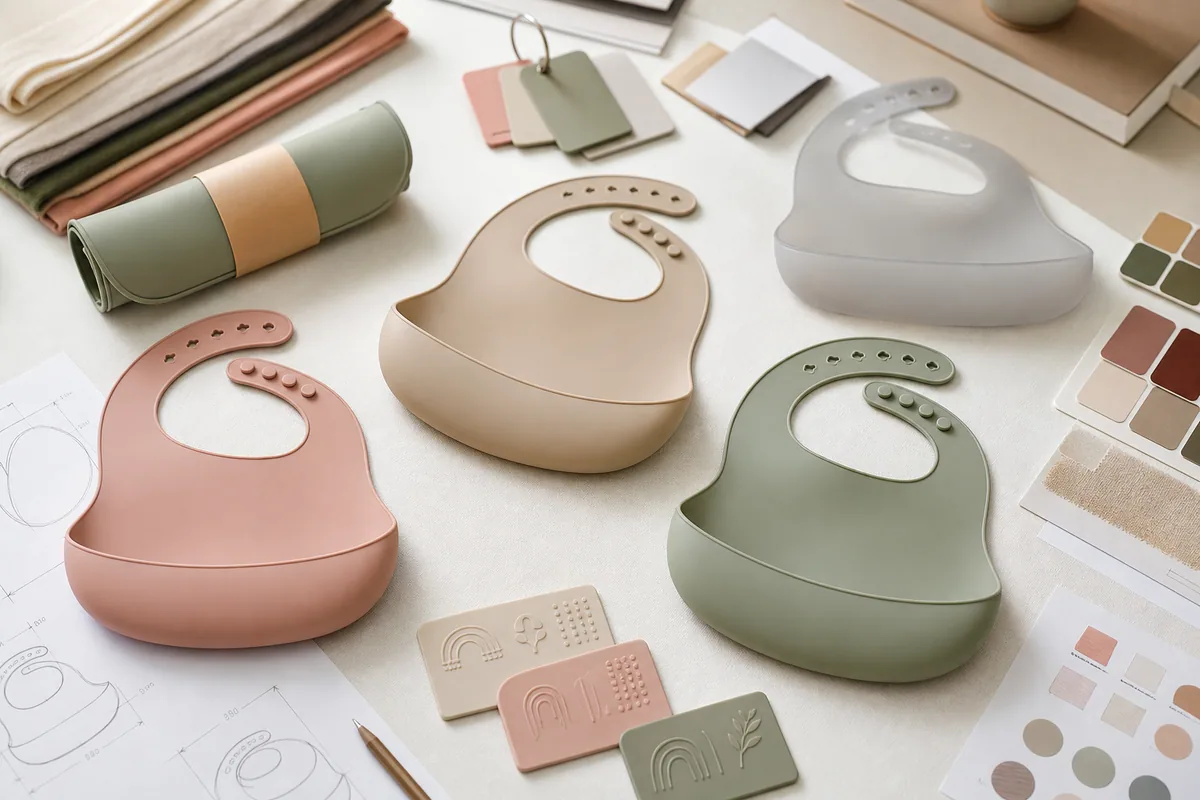 Food-grade silicone baby bibs with crumb-catching pockets in custom colors
