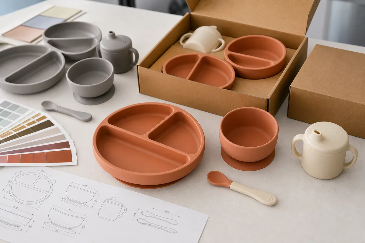 Silicone children's tableware set with divided plates, bowls, cup and spoon