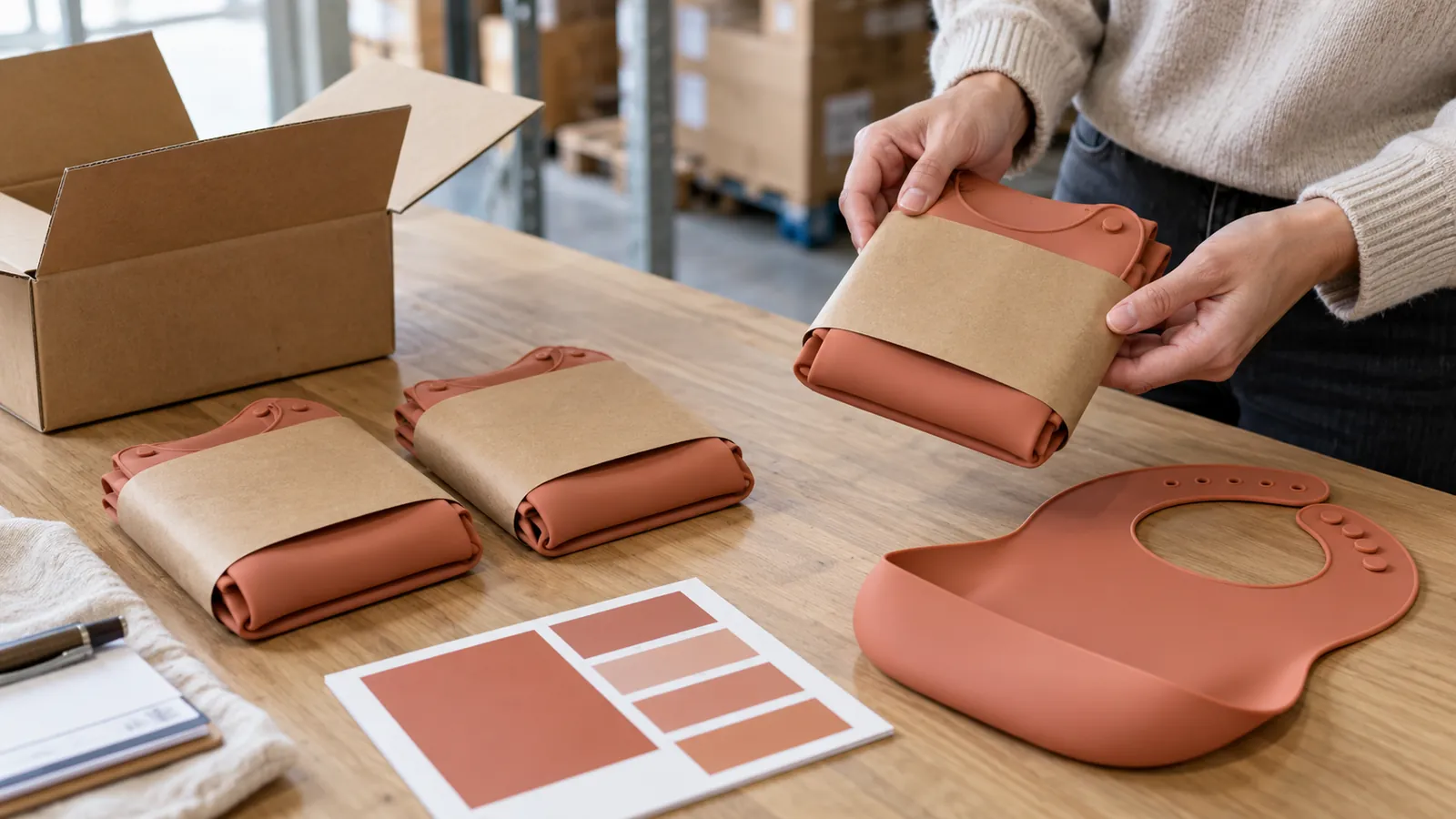 Illustrative retail pack-out comparison for folded silicone baby bibs