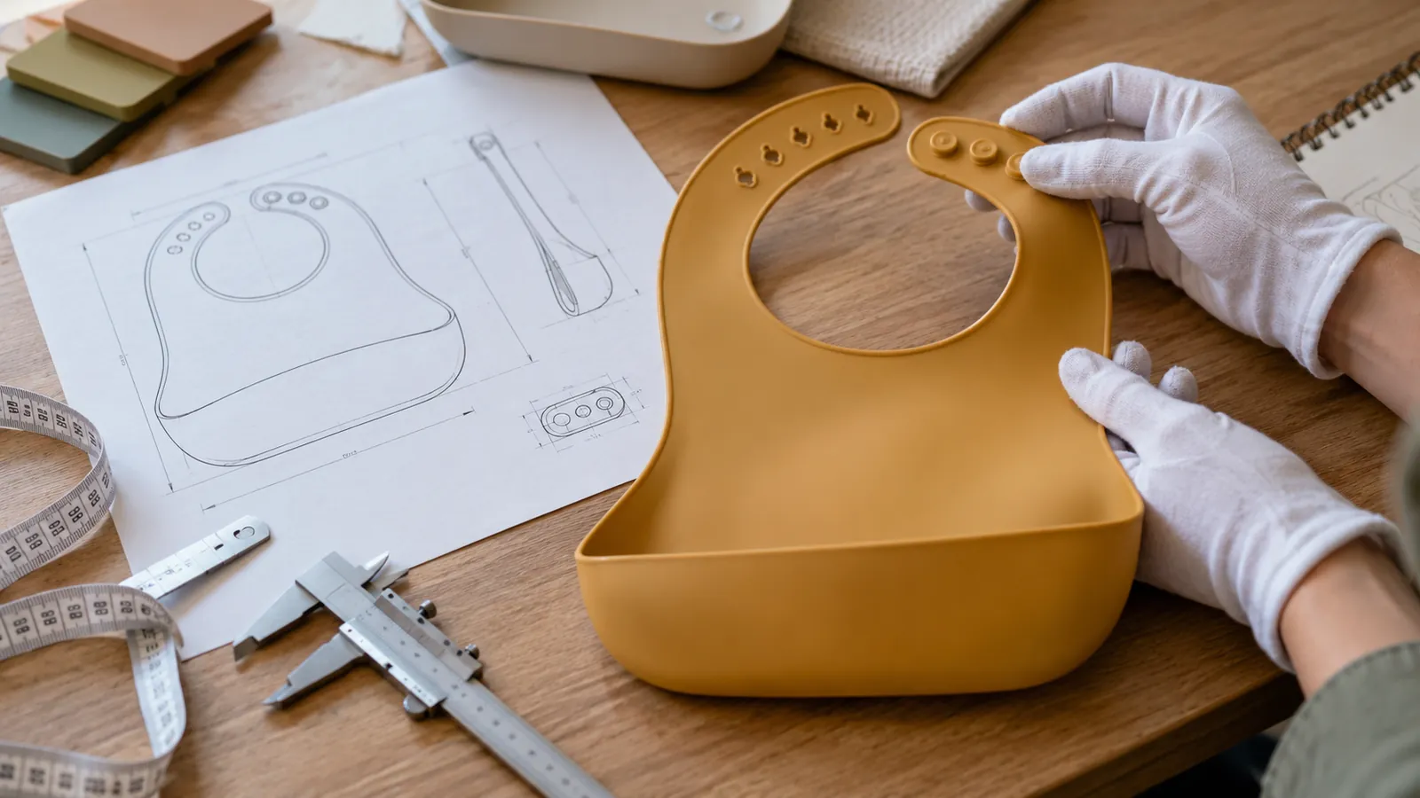 Illustrative inspection of silicone bib neck opening and closure at a product-development desk
