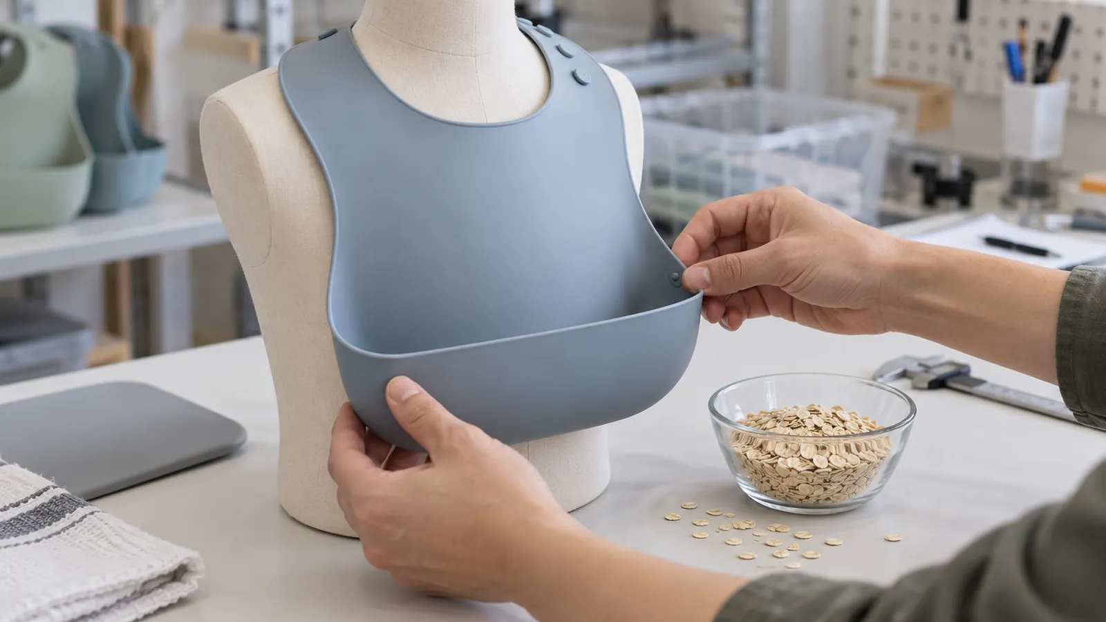 Illustrative pocket-shape review of a silicone bib on a non-human torso fixture
