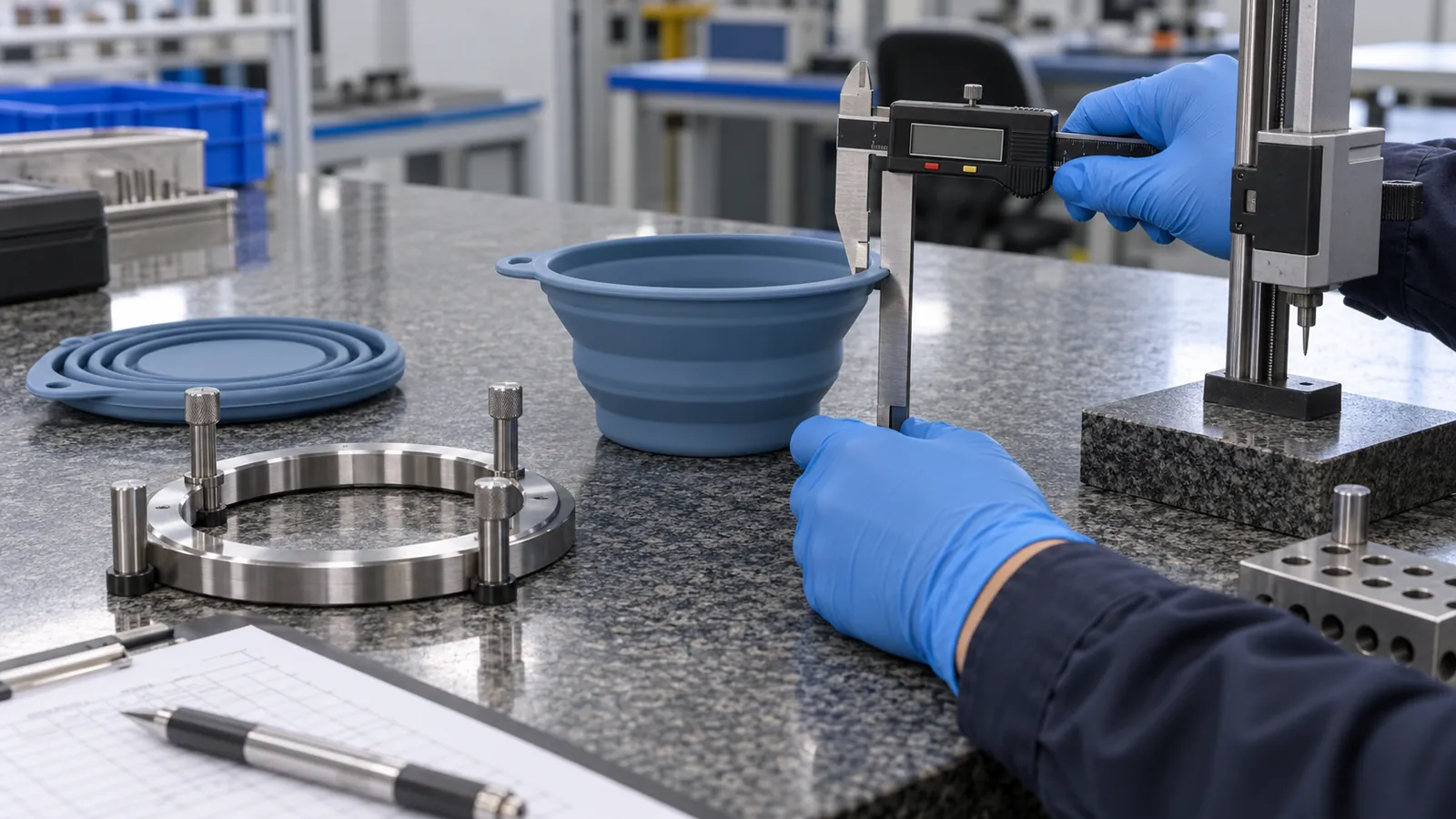 Illustrative dimensional recovery inspection of a deployed collapsible silicone bowl Illustrative dimensional recovery inspection of a deployed collapsible silicone bowl
