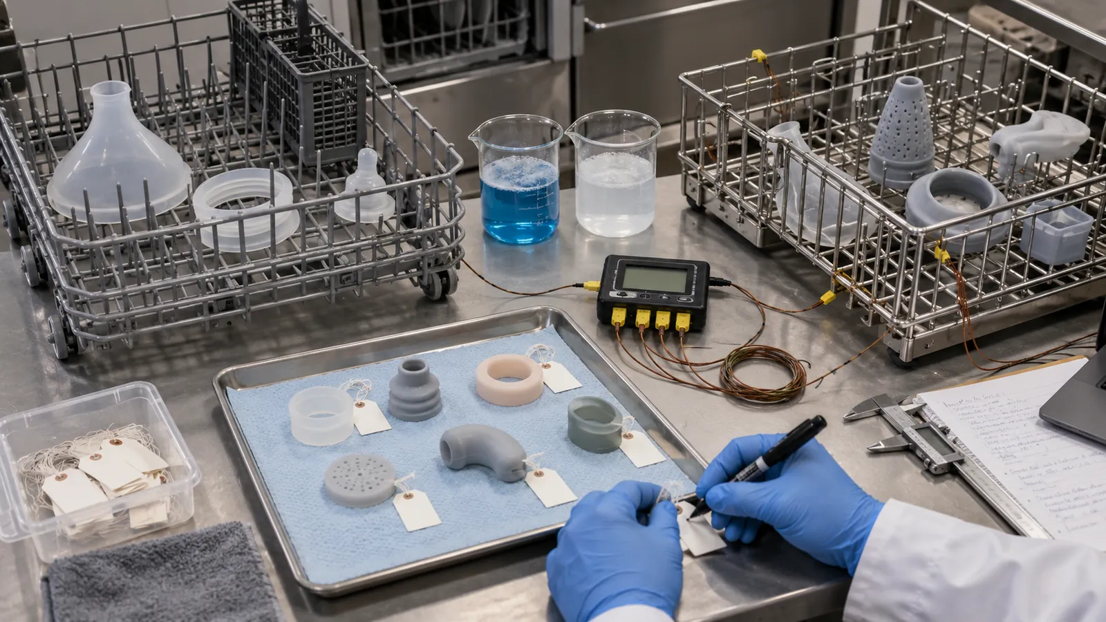 Illustrative household and commercial dishwasher comparison matrix at a test bench