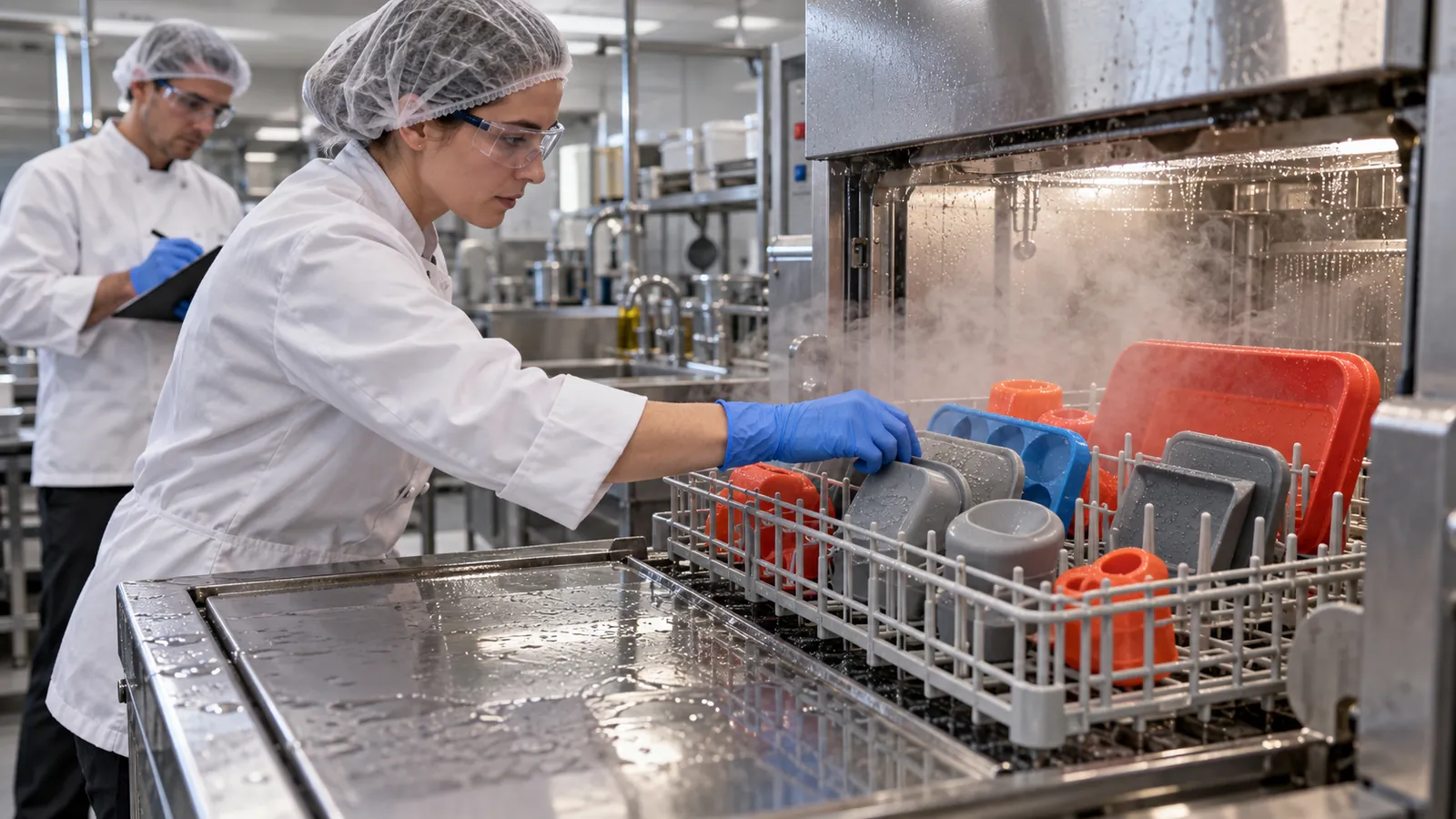Illustrative commercial warewasher rack and silicone specimen exposure check