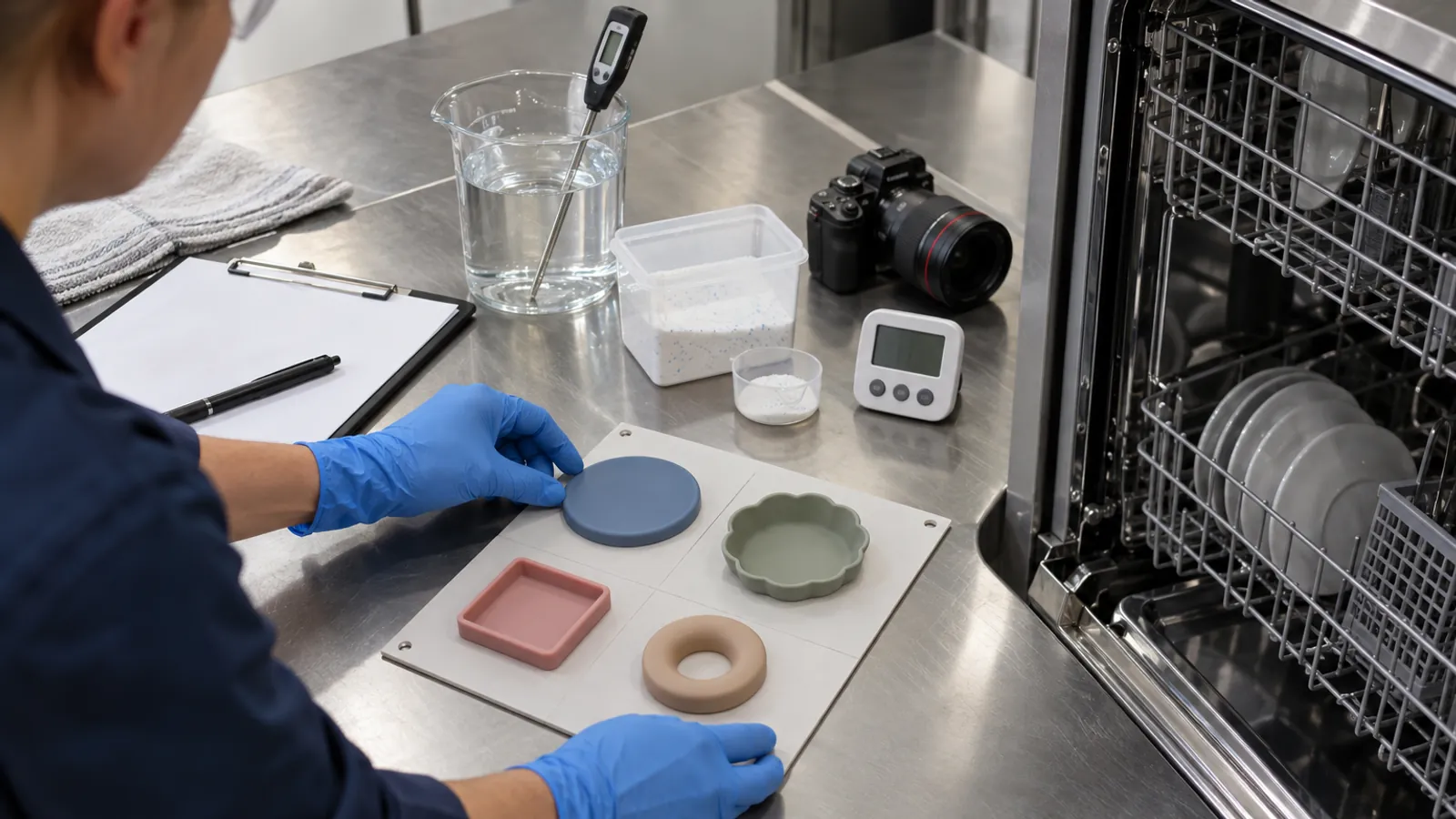 Illustrative dishwasher-cycle test setup with controlled silicone specimens Illustrative dishwasher-cycle test setup with controlled silicone specimens