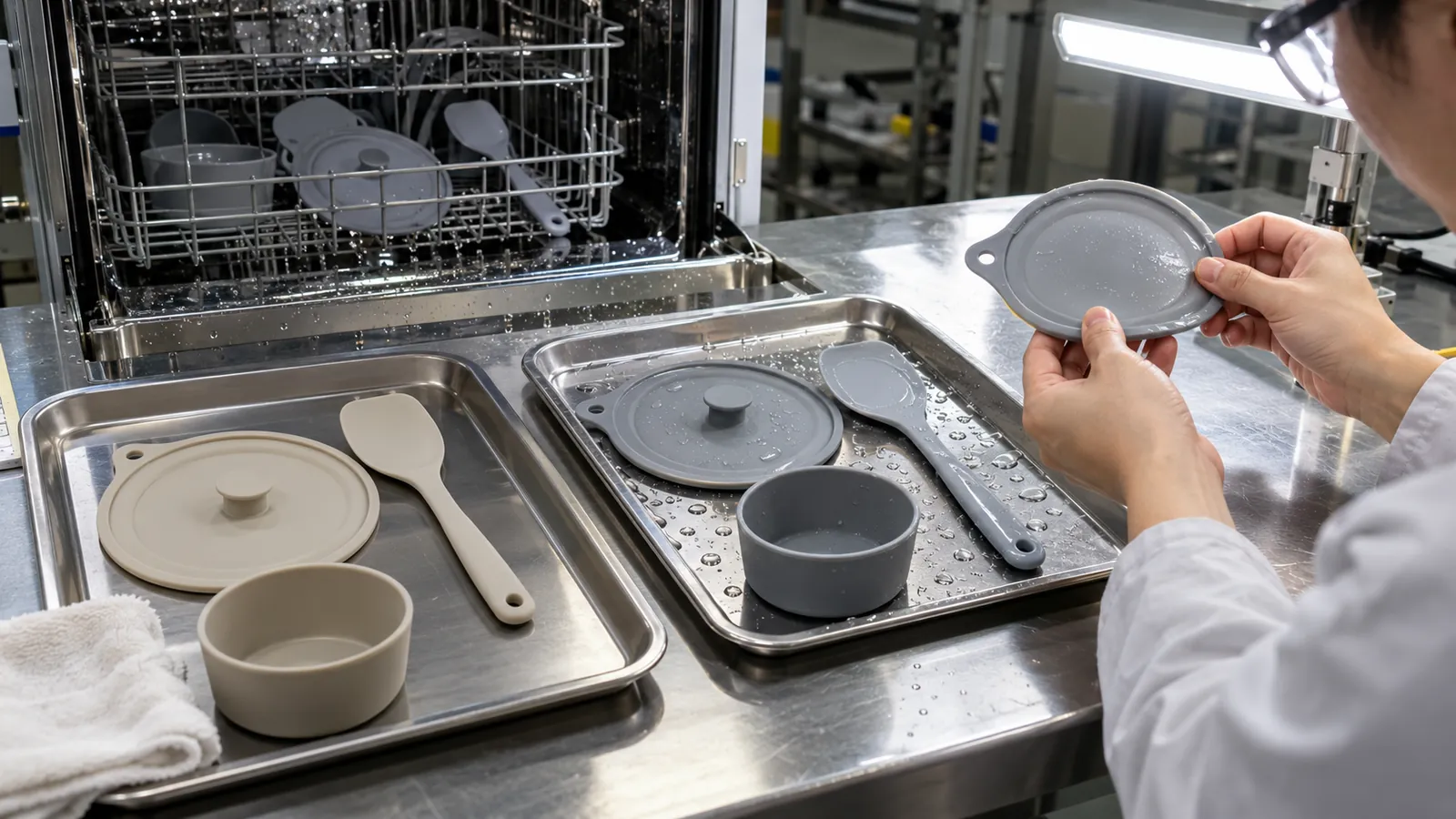 Illustrative intermediate inspection of silicone products after dishwasher cycles Illustrative intermediate inspection of silicone products after dishwasher cycles