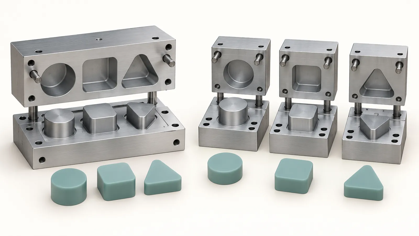 Illustrative isometric comparison of one shared cavity plate and three separate mold sets Illustrative isometric comparison of one shared cavity plate and three separate mold sets