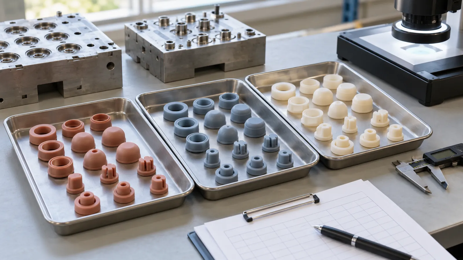 Illustrative SKU-separated silicone trial samples at an inspection bench Illustrative SKU-separated silicone trial samples at an inspection bench