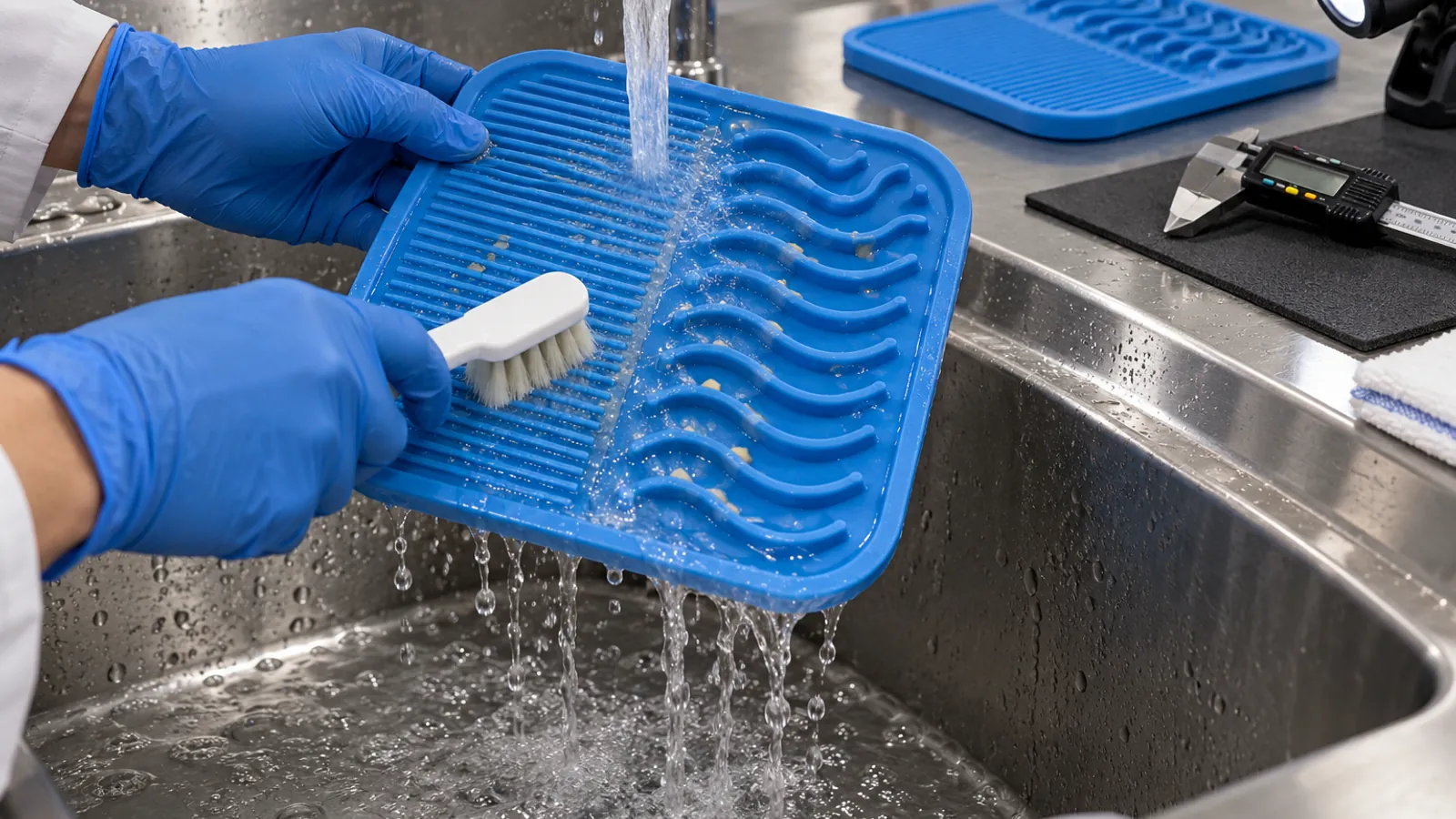 Illustrative cleaning and dimensional inspection of a silicone pet lick mat Illustrative cleaning and dimensional inspection of a silicone pet lick mat