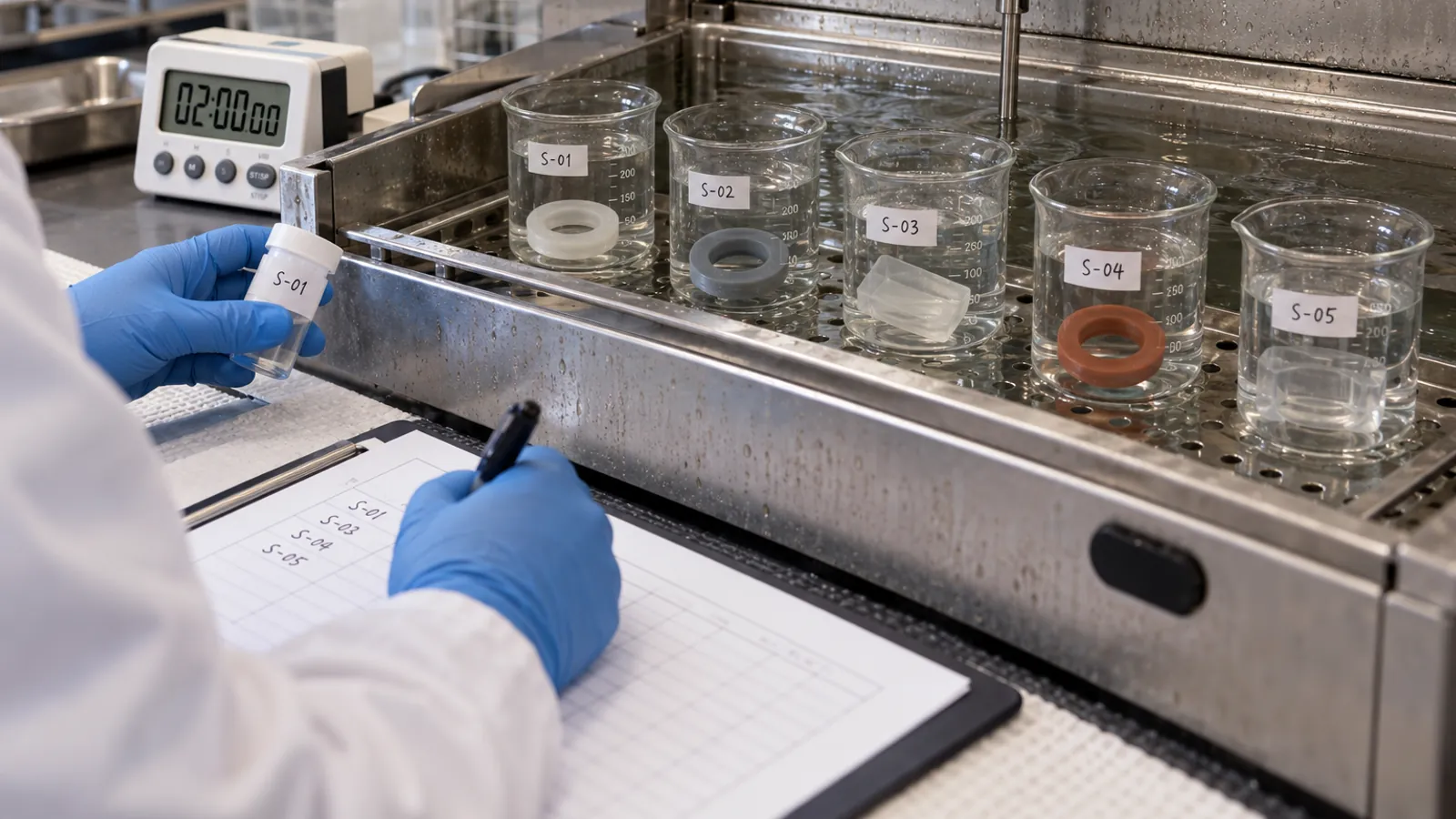 Illustrative temperature-controlled silicone migration test exposure