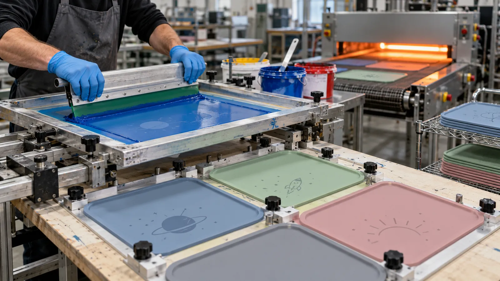 Illustrative screen printing setup with silicone mats held in registration fixtures