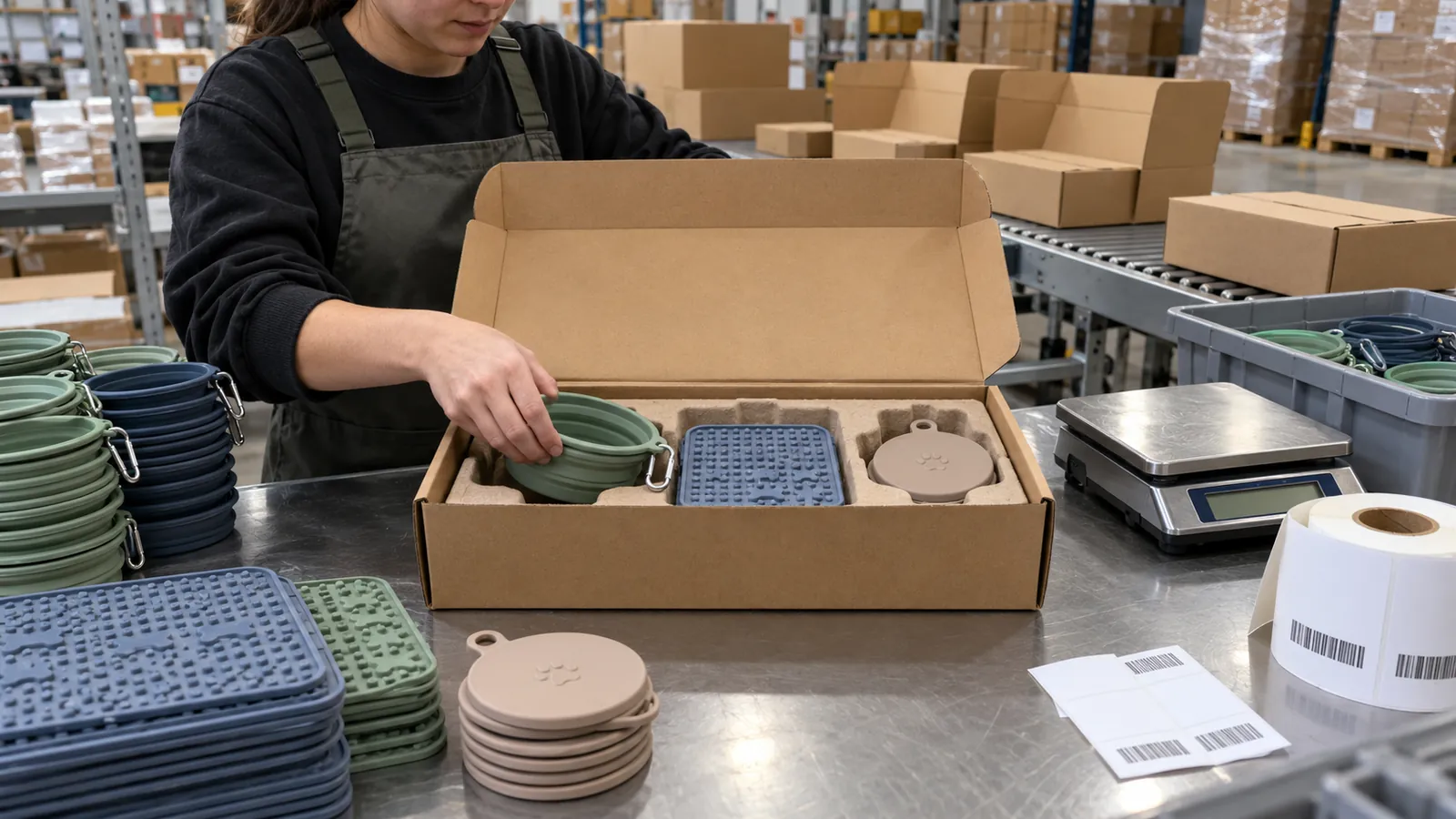 Illustrative silicone pet subscription box packaging and packout line Illustrative silicone pet subscription box packaging and packout line