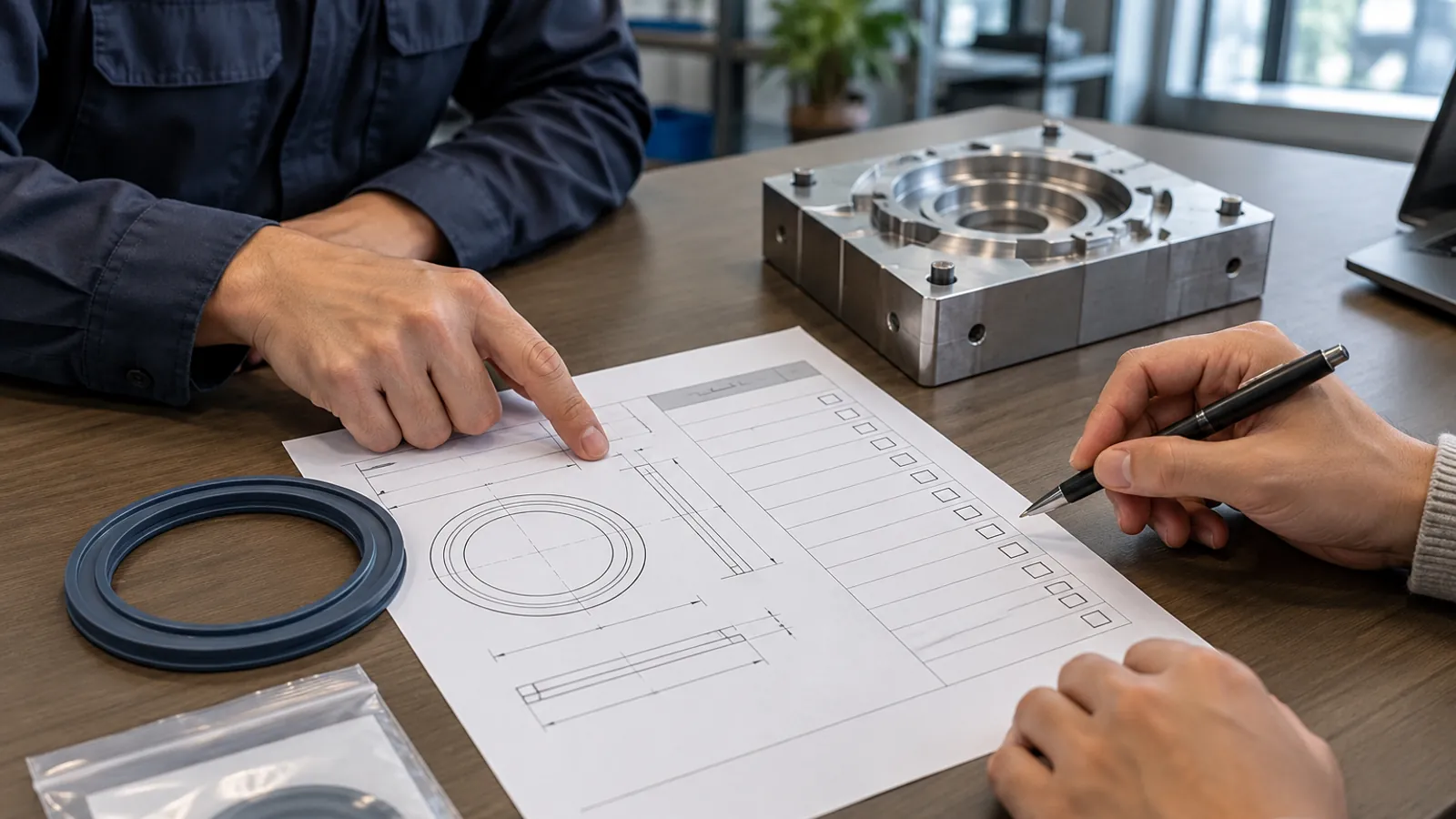Illustrative buyer and engineer reviewing a silicone tool-correction and release matrix Illustrative buyer and engineer reviewing a silicone tool-correction and release matrix