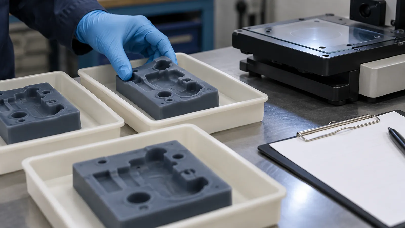 Illustrative technician comparing cavity-marked silicone samples with a low-force optical measurement setup Illustrative technician comparing cavity-marked silicone samples with a low-force optical measurement setup
