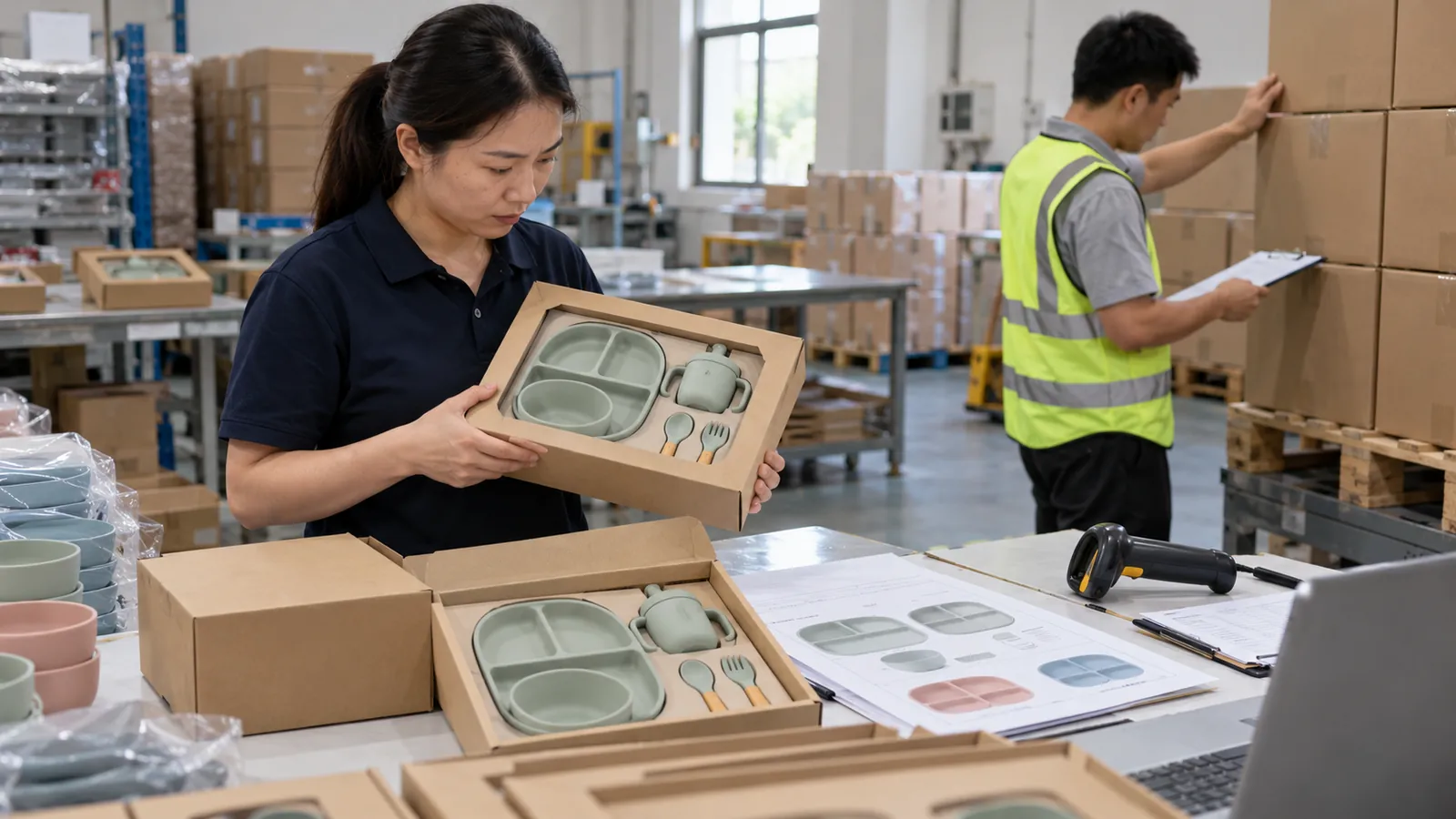 Illustrative packout and shipment release of supermarket silicone feeding sets