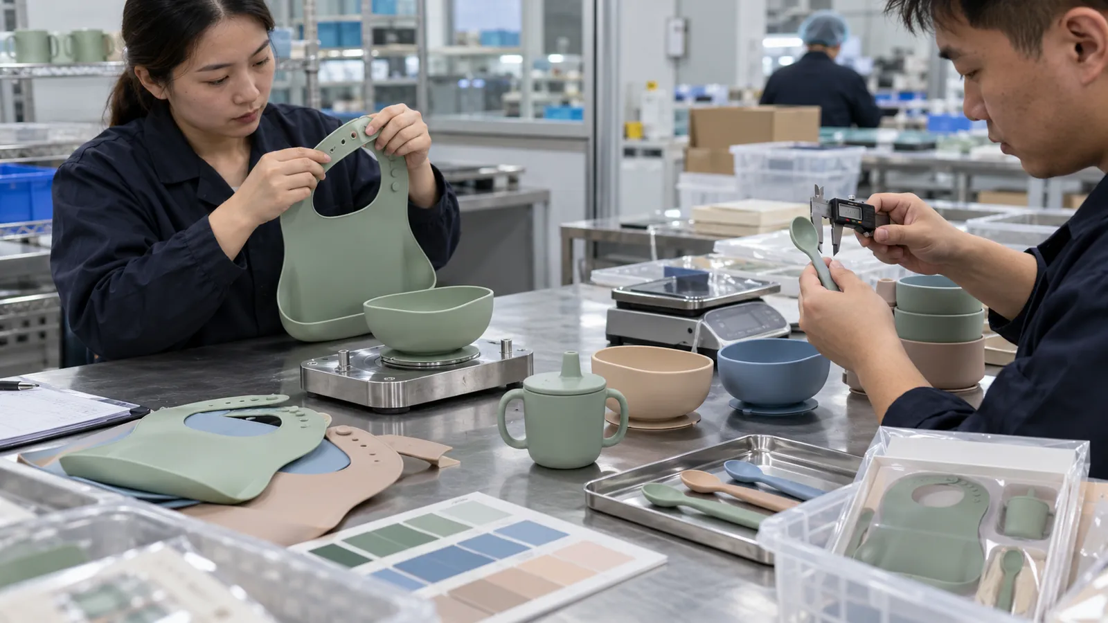 Illustrative factory validation of a complete silicone baby feeding set