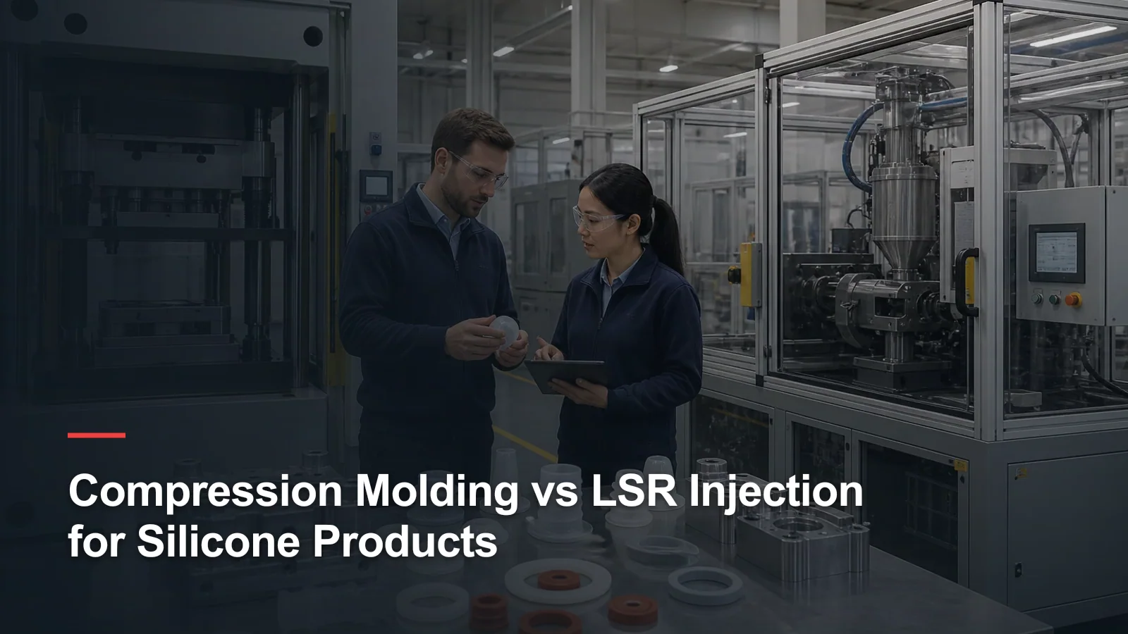 Engineers comparing silicone compression molding and guarded LSR injection equipment
