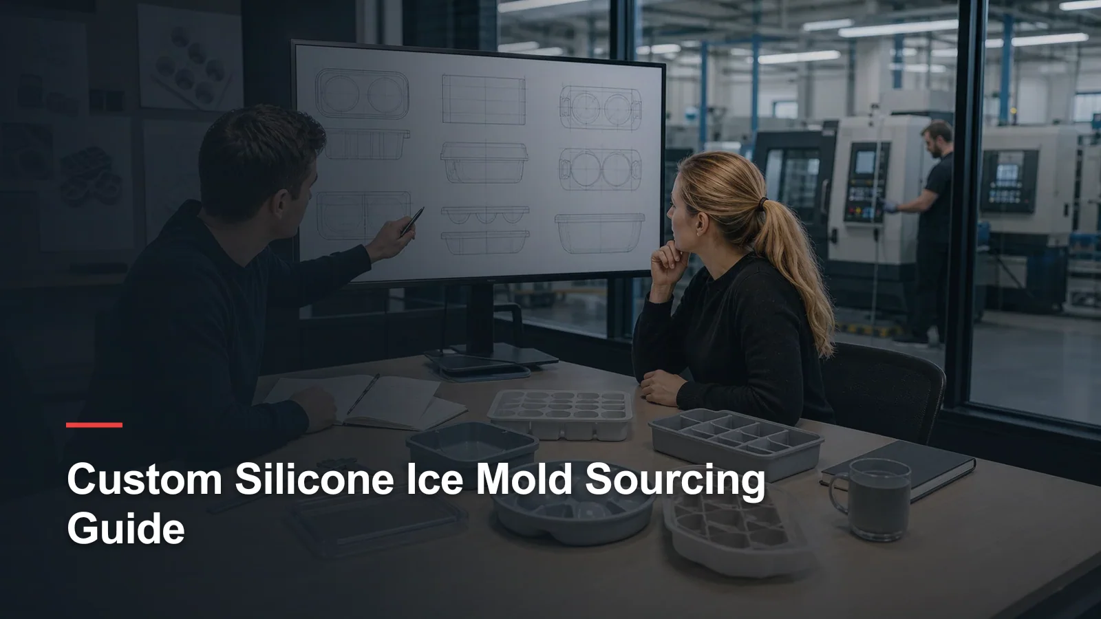 Product engineers reviewing custom silicone ice mold drawings prototypes and tooling requirements beside a molding workshop