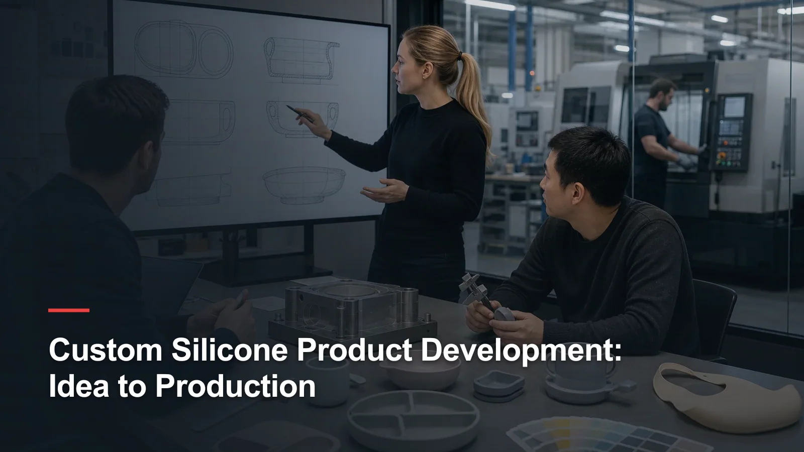 Engineers reviewing technical silicone tableware drawings, molds and physical prototypes