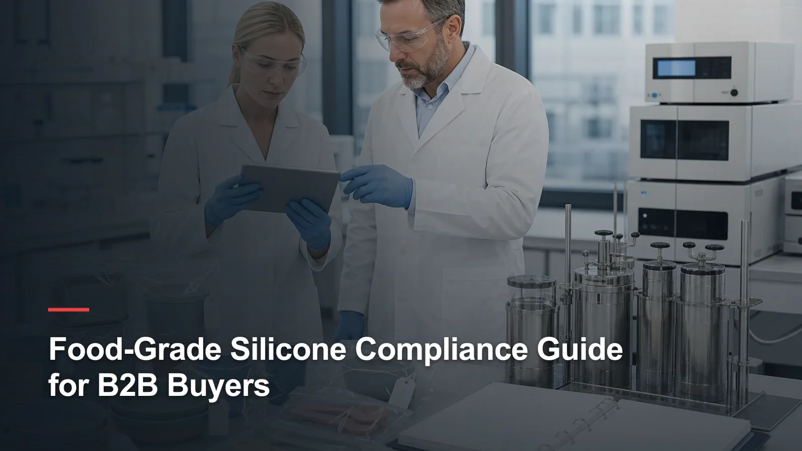 Laboratory specialists reviewing silicone food-contact products and controlled test samples