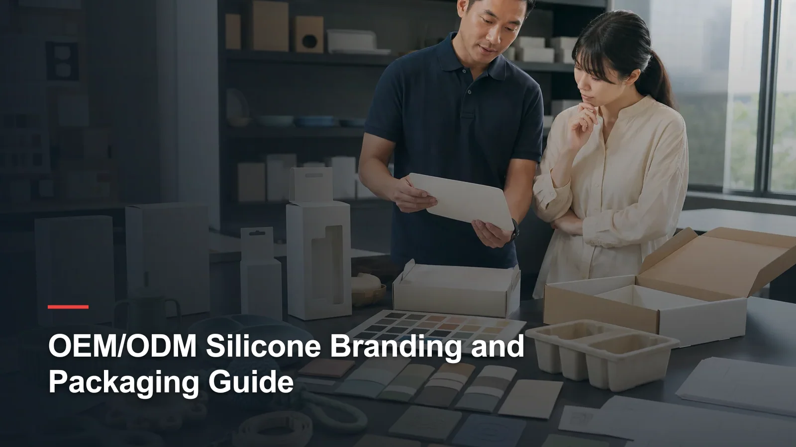 Packaging engineer reviewing silicone products, color chips and blank retail packaging