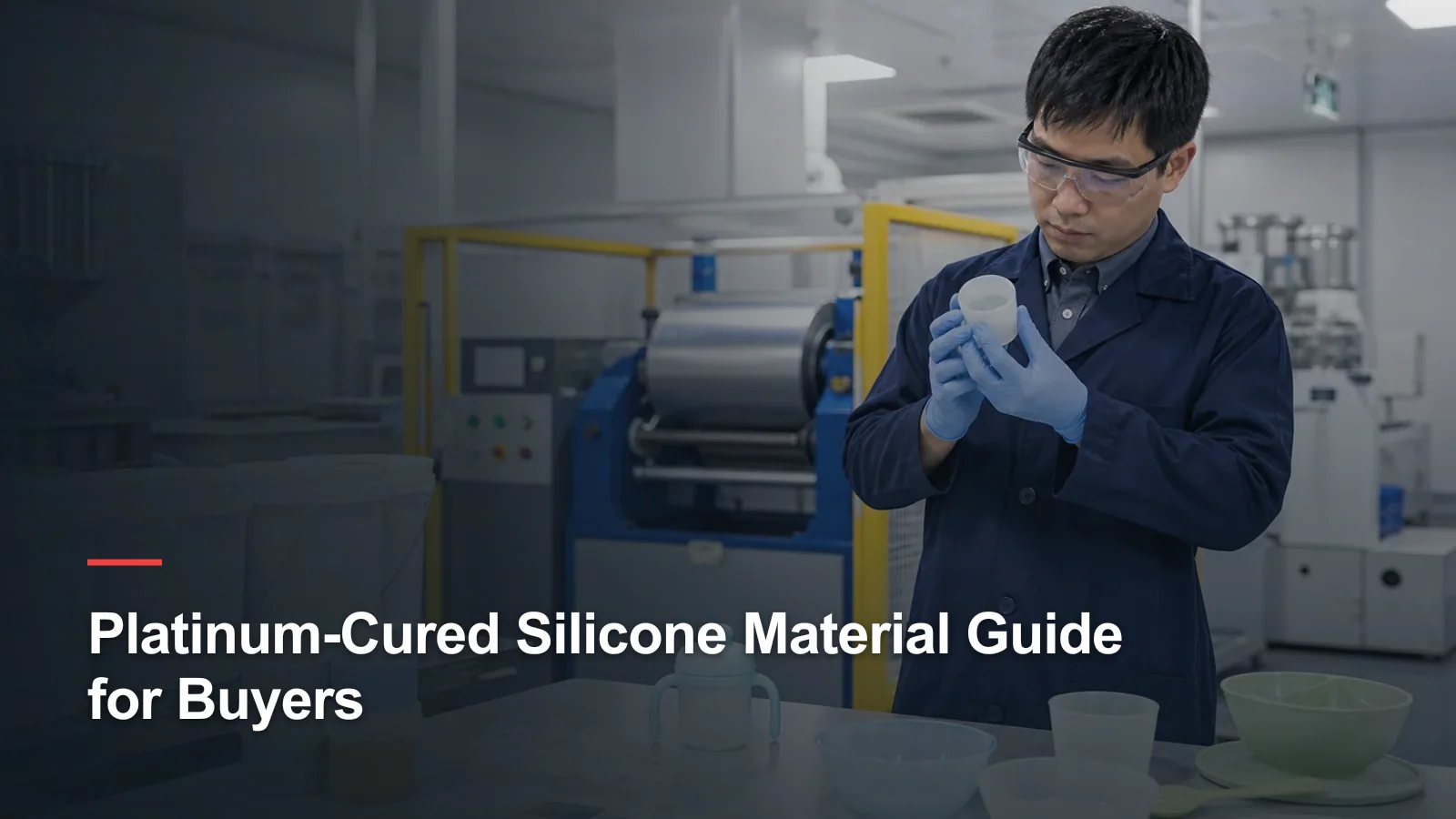 Materials engineer checking silicone batch samples in a clean compounding area