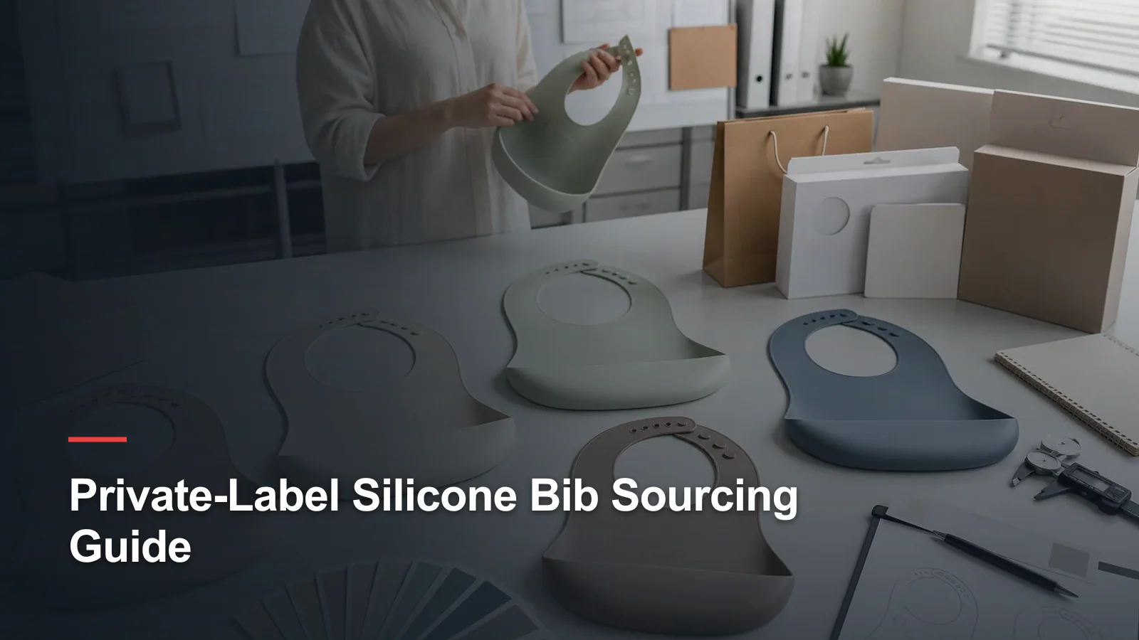 Private-label silicone bib samples, color chips and blank packaging on a development table