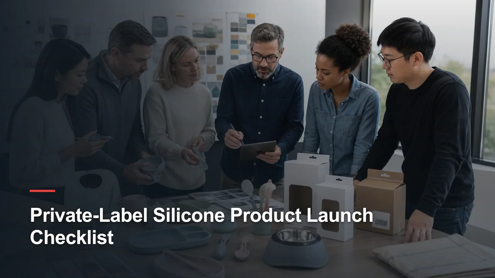 Cross-functional team reviewing silicone products, packaging and launch-readiness samples
