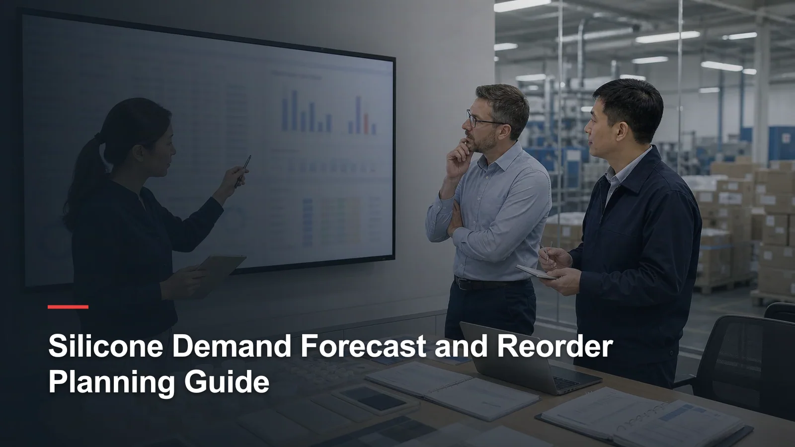 Retail planner buyer and factory coordinator reviewing silicone demand forecasts SKU inventory and repeat order requirements