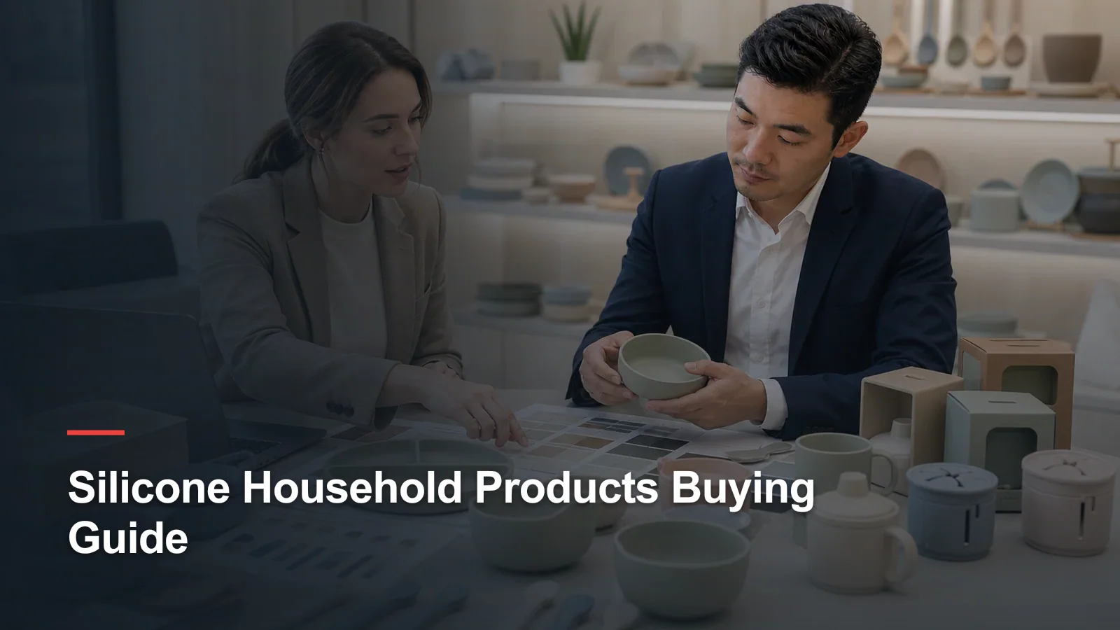 Retail buyer and supplier merchandiser planning a coordinated wholesale silicone household product assortment and packaging range