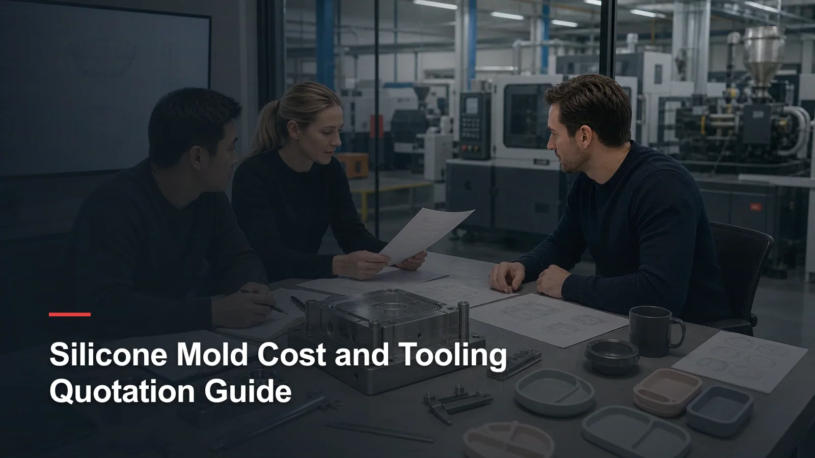 B2B project team reviewing silicone mold cost cavity strategy precision tooling and quotation assumptions in a factory meeting room