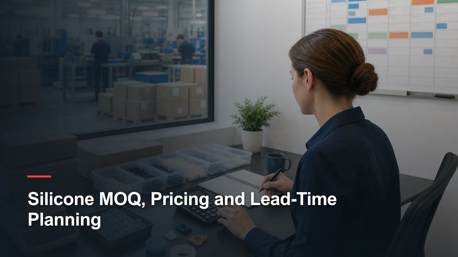 Purchasing planner reviewing silicone samples, cartons and production schedule assumptions