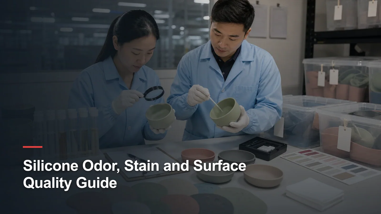 Quality specialists evaluating silicone odor stain resistance surface finish and conditioned product samples under controlled lighting