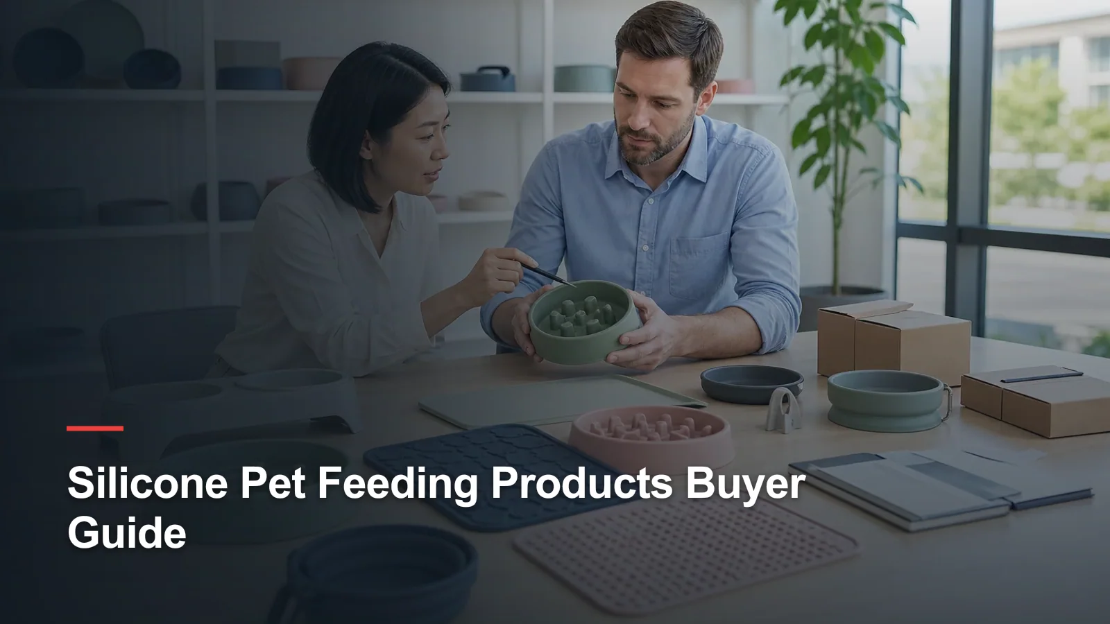 Buyer reviewing silicone pet bowls, slow feeders, mats and travel products