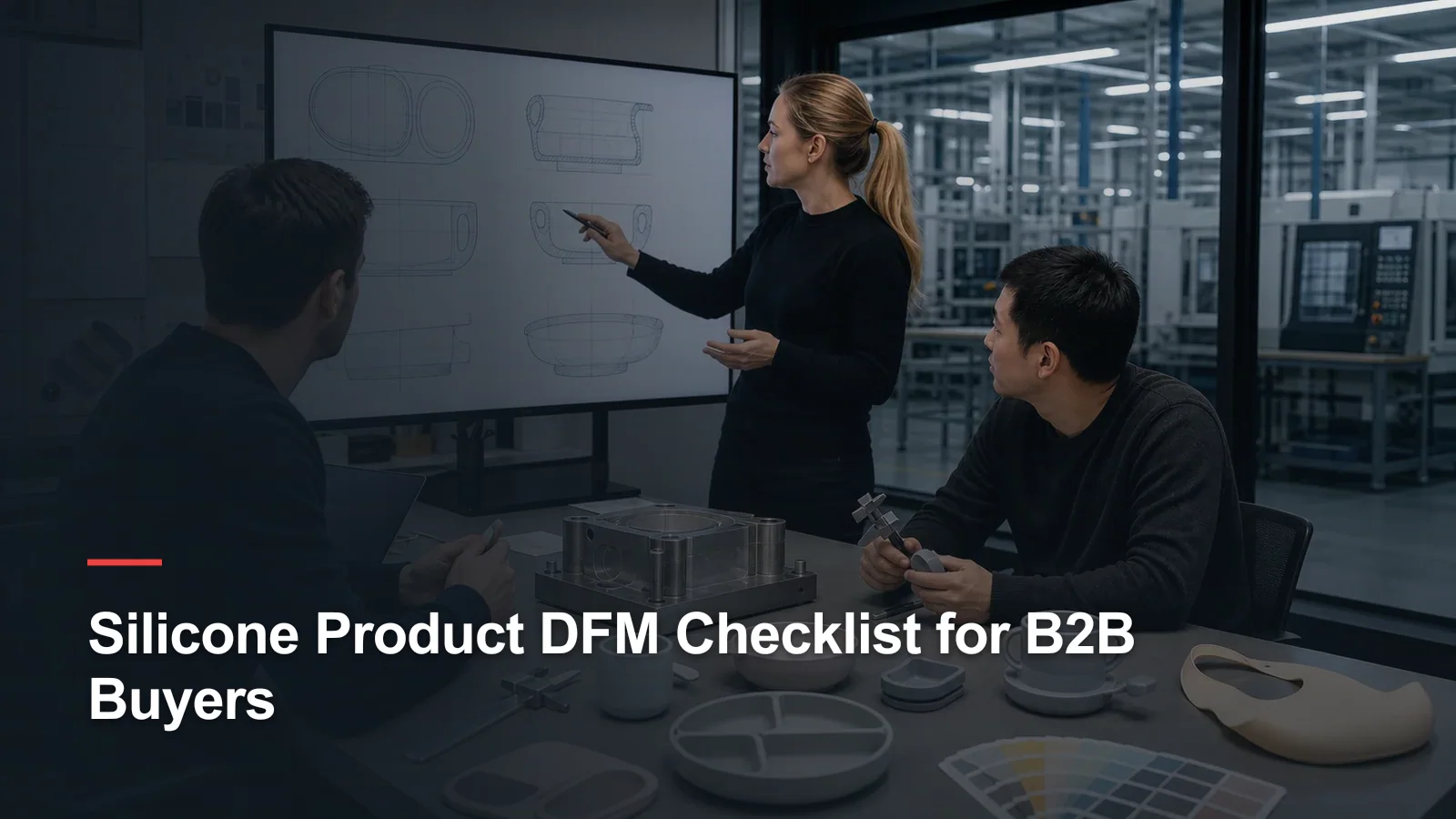 Industrial designer tooling engineer and buyer conducting a silicone product DFM review with drawings molds and tableware samples