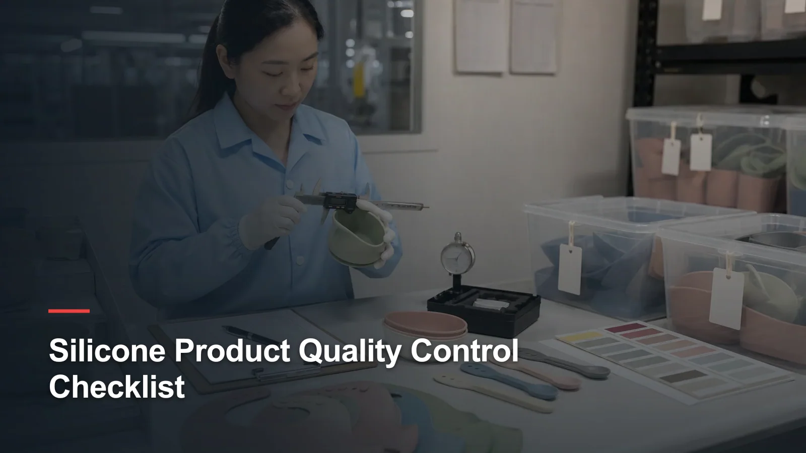 Quality inspector measuring silicone products against approved samples and color standards