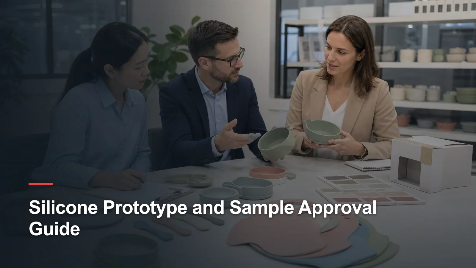 Buyer quality specialist and project manager comparing silicone prototype rounds color standards packaging and approval records