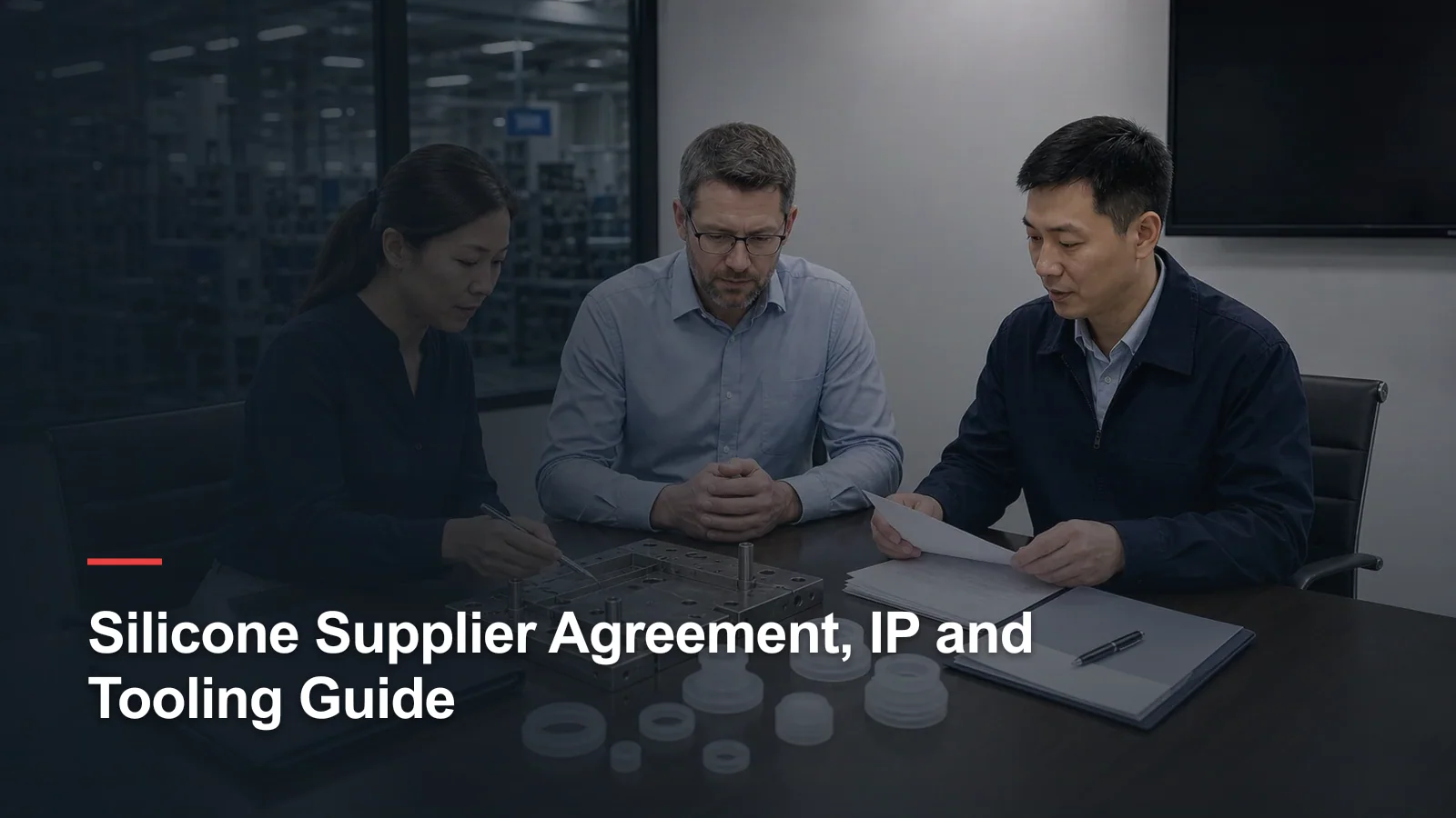 Brand owner procurement director and supplier manager reviewing silicone tooling ownership intellectual property and agreement documents