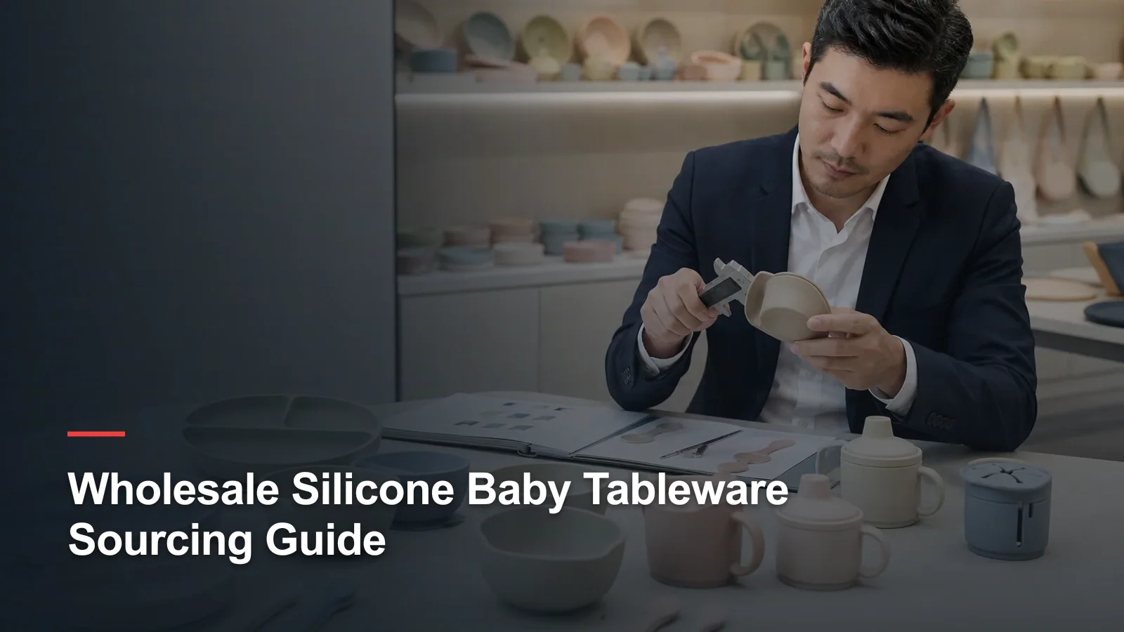 Buyer evaluating coordinated silicone baby tableware samples in a professional showroom