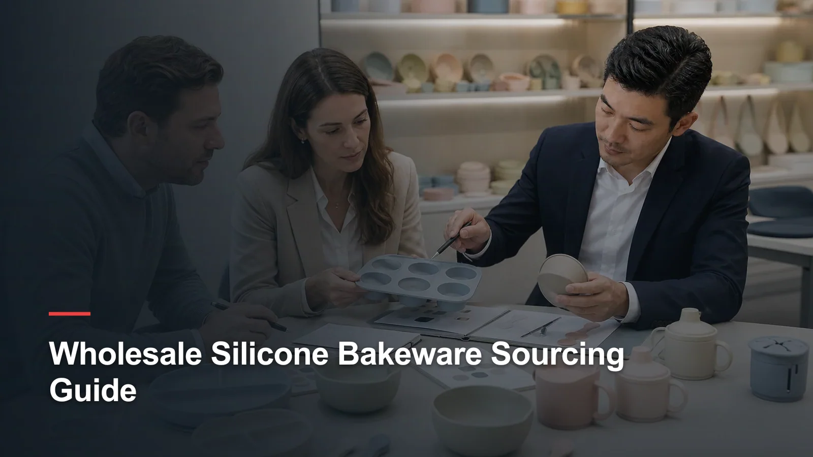 International wholesale buyers reviewing silicone bakeware samples and sourcing specifications with a supplier specialist