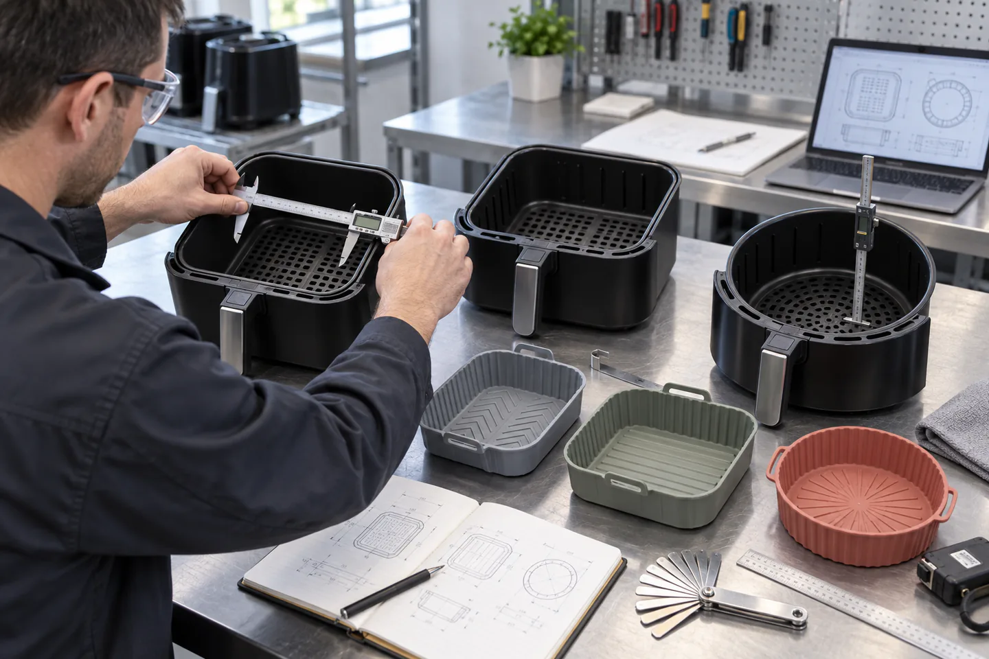Technician measuring round square and rectangular air fryer baskets with calipers and depth gauges Technician measuring round square and rectangular air fryer baskets with calipers and depth gauges
