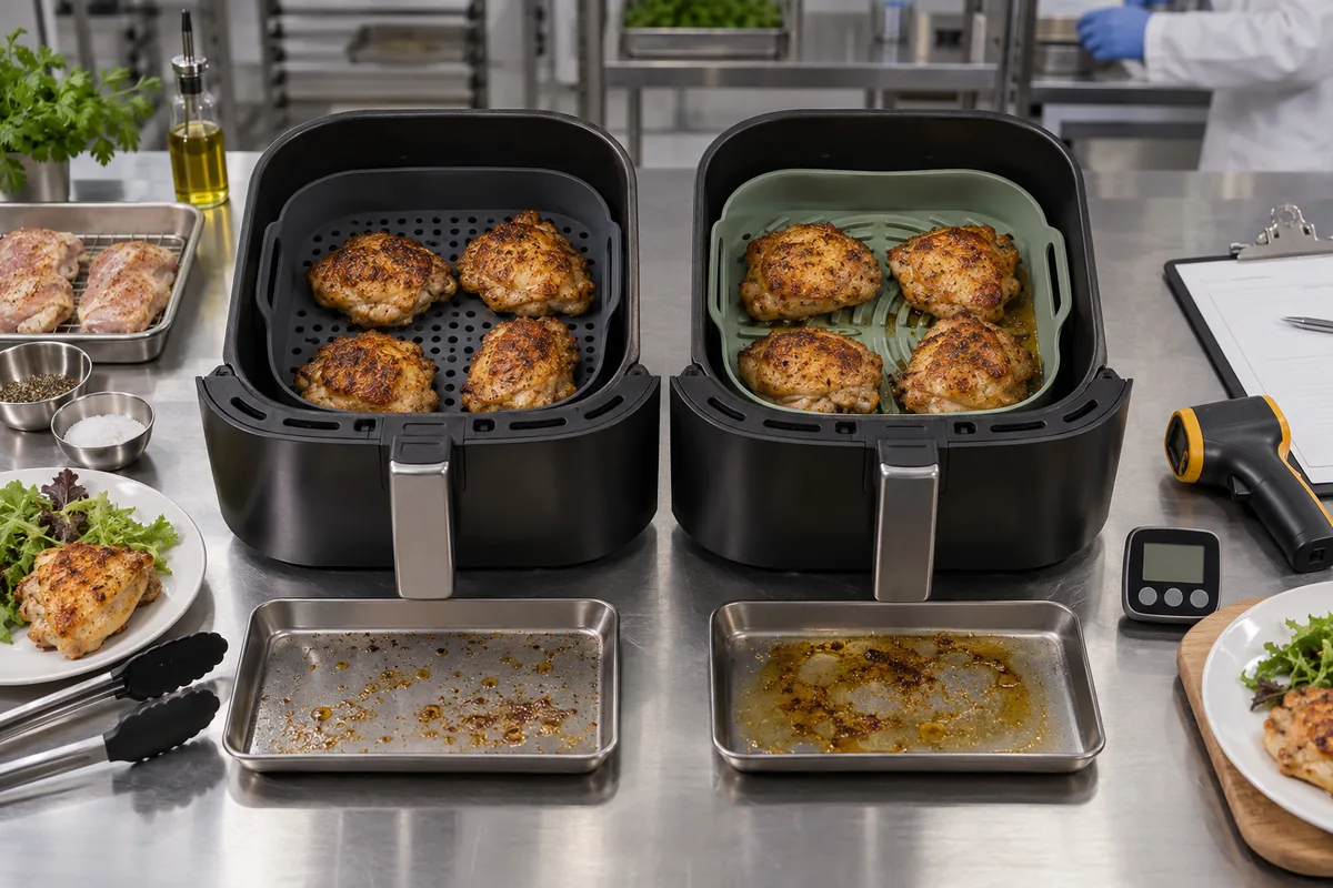 Air fryer baskets validating airflow browning and grease behavior with perforated and solid silicone liners Air fryer baskets validating airflow browning and grease behavior with perforated and solid silicone liners