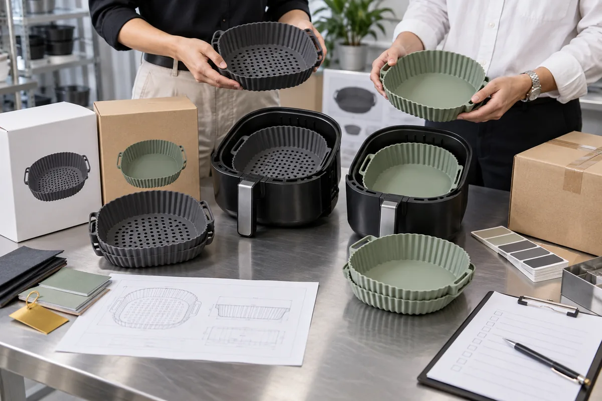 Buyer and silicone engineer reviewing perforated and solid liners with private-label packaging Buyer and silicone engineer reviewing perforated and solid liners with private-label packaging