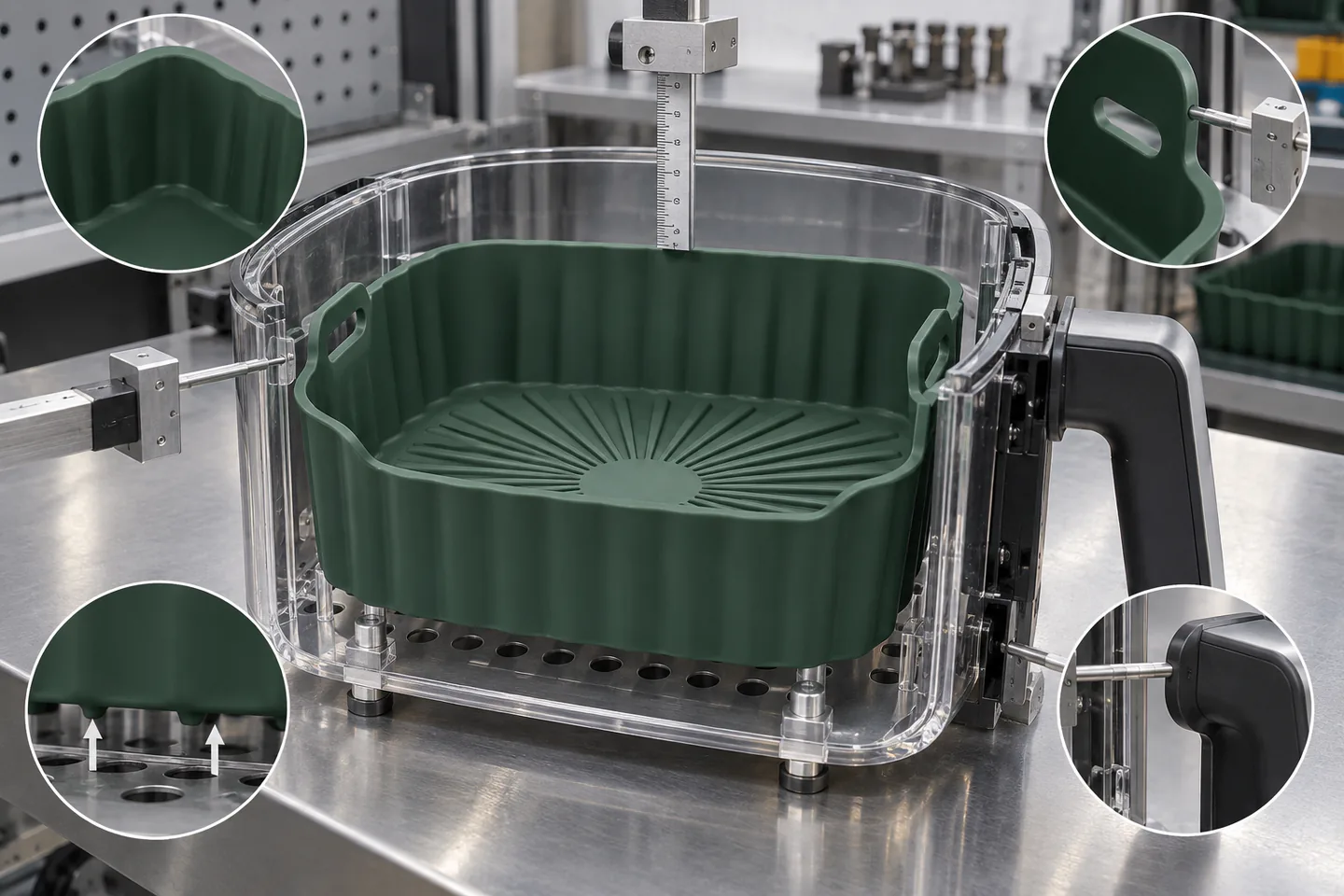 Silicone air fryer liner checked for corner seating wall height airflow and handle clearance Silicone air fryer liner checked for corner seating wall height airflow and handle clearance