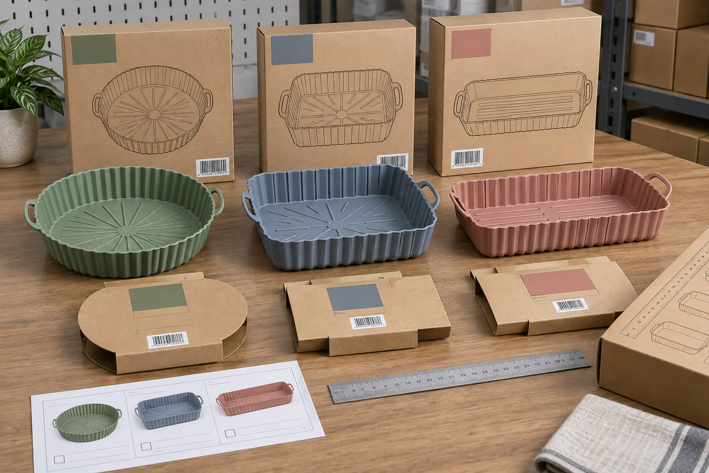 Round square and rectangular silicone air fryer liners with size-specific private-label packaging Round square and rectangular silicone air fryer liners with size-specific private-label packaging