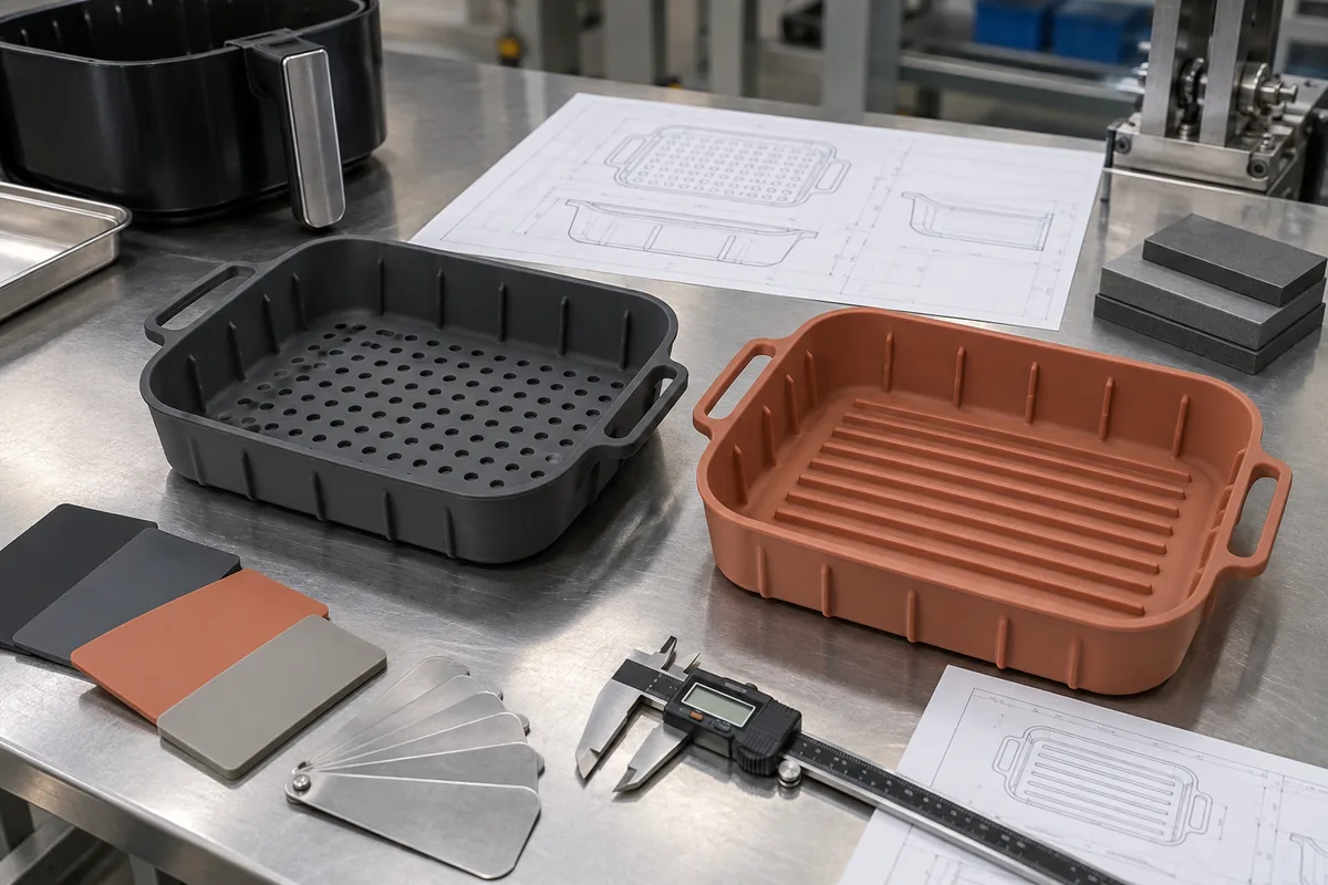 Perforated and solid silicone air fryer liner geometry reviewed with drawings and calipers Perforated and solid silicone air fryer liner geometry reviewed with drawings and calipers