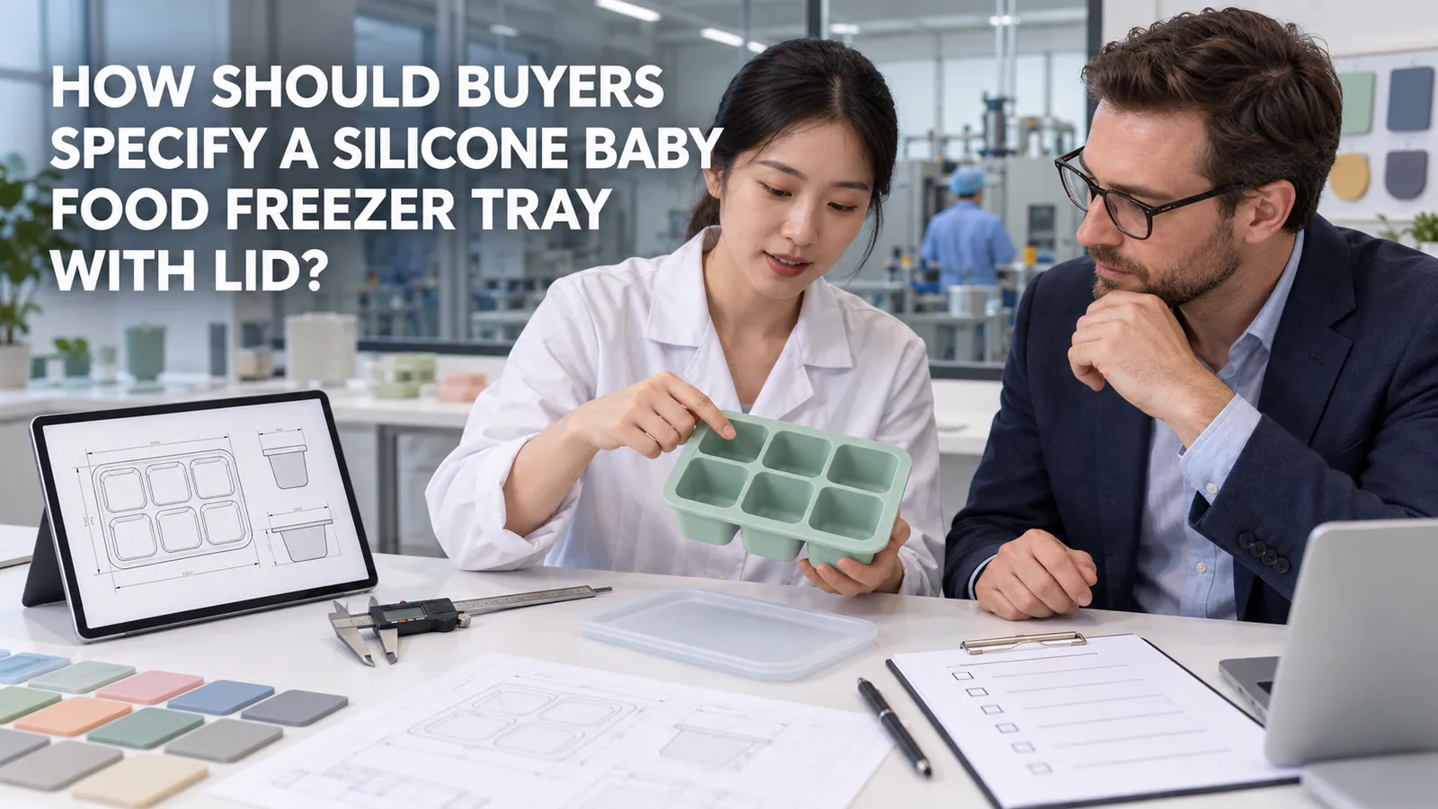 Buyer and silicone factory engineer reviewing a baby food freezer tray specification with lid Buyer and silicone factory engineer reviewing a baby food freezer tray specification with lid