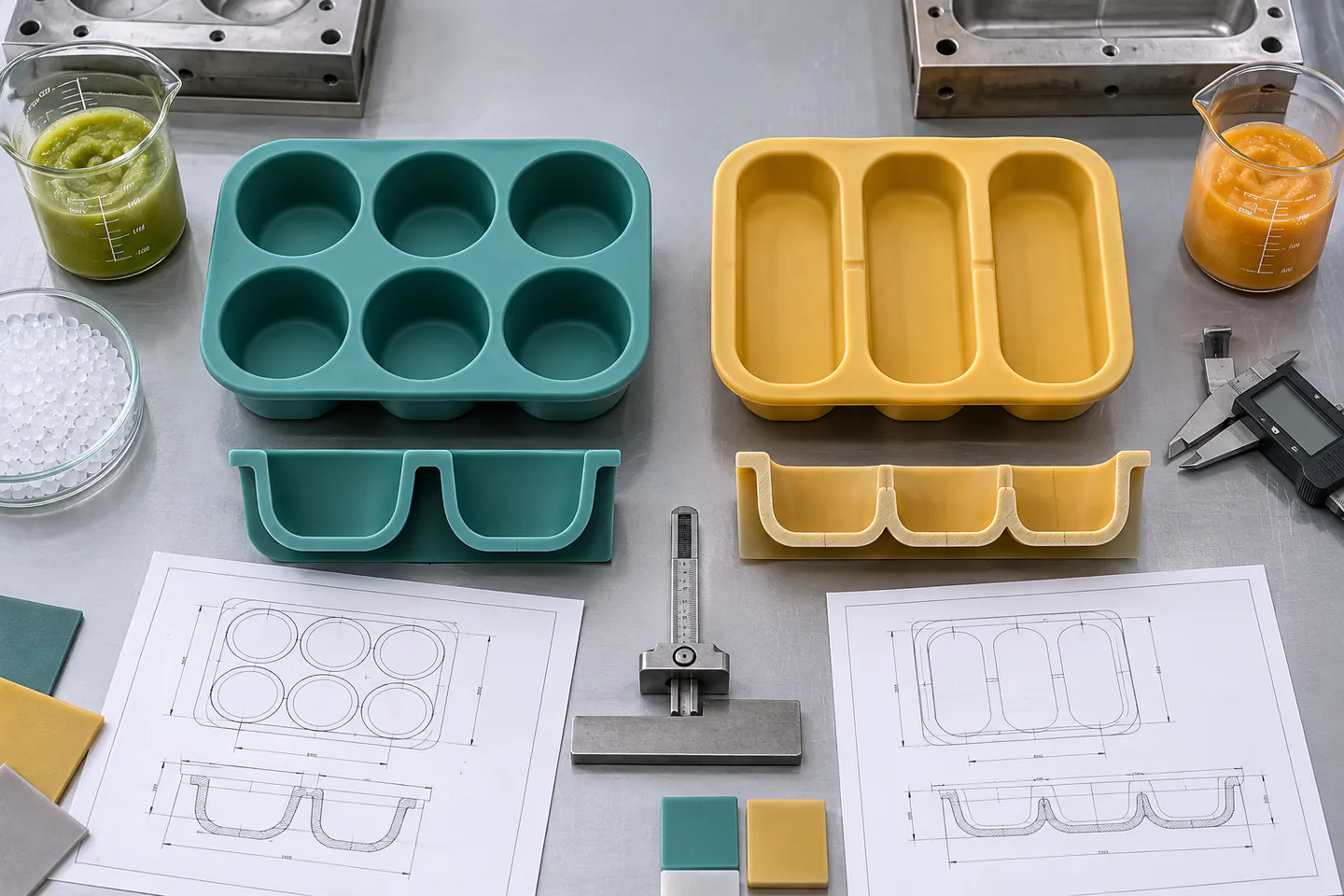 Separate round cavities and connected elongated portions compared with mold drawings and measuring tools Separate round cavities and connected elongated portions compared with mold drawings and measuring tools