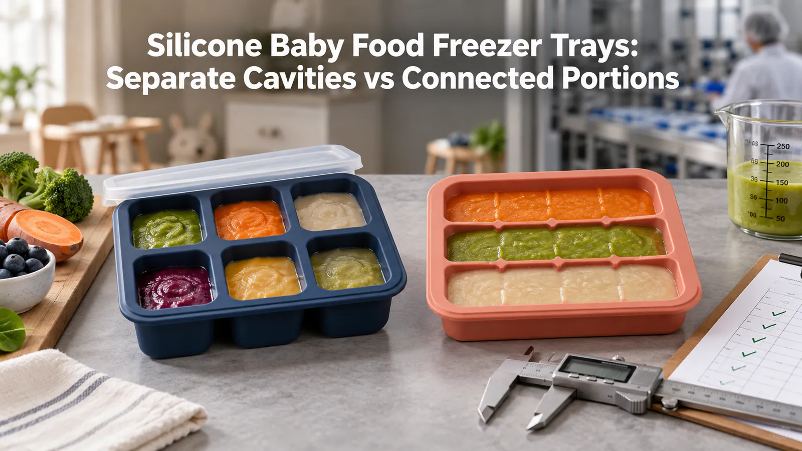 Separate-cavity and connected-portion silicone baby food freezer trays compared in a factory quality review Separate-cavity and connected-portion silicone baby food freezer trays compared in a factory quality review